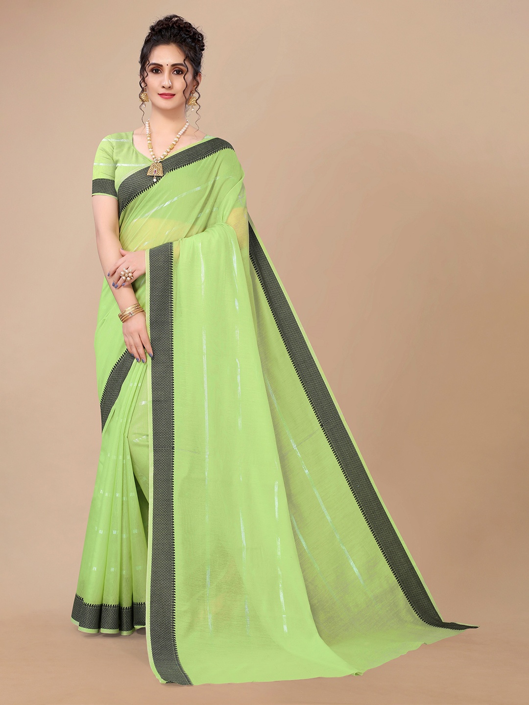 

Fashion FRICKS Green & Black Striped Zari Silk Cotton Saree