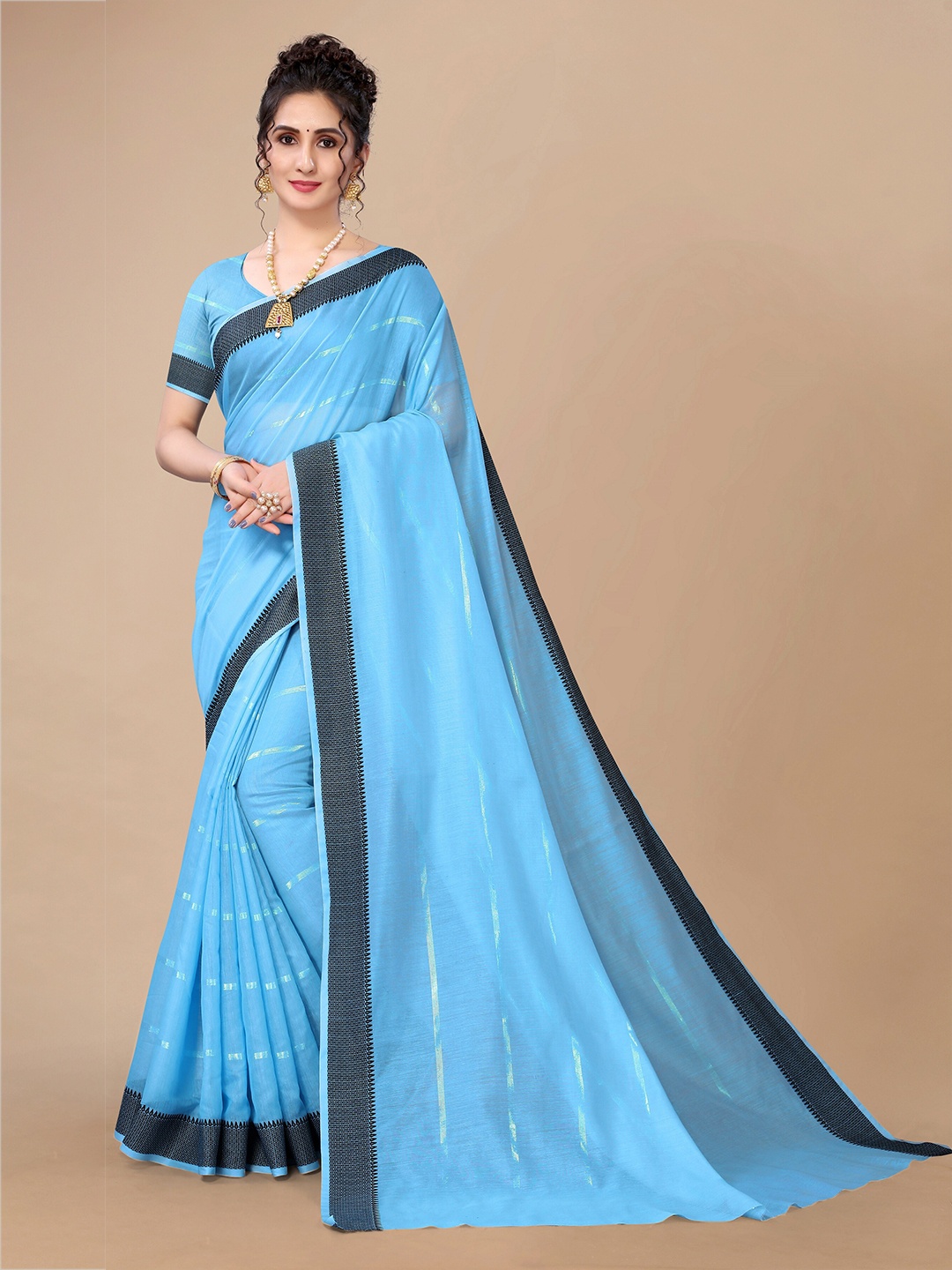 

Fashion FRICKS Women Striped Silk Cotton Saree, Blue