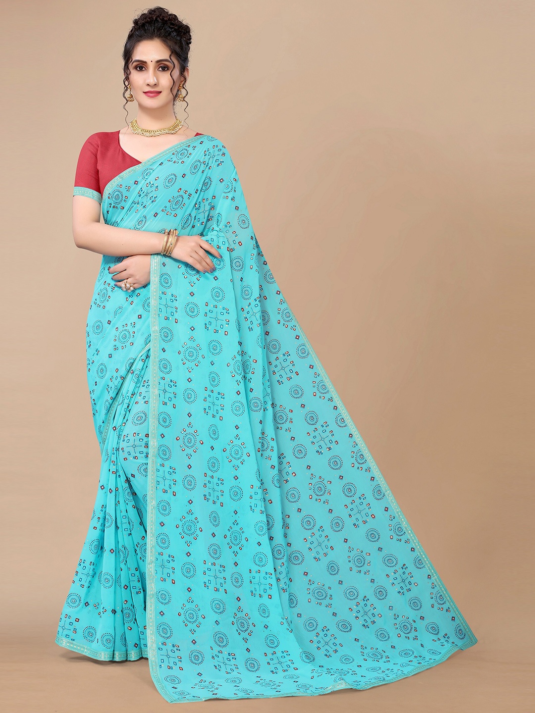 

Fashion FRICKS Blue & Red Ethnic Motifs Zari Pure Georgette Saree