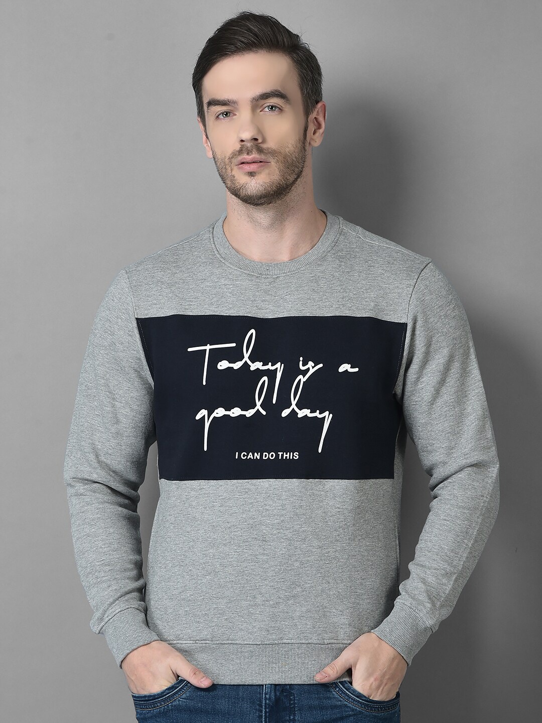 

Canary London Men Grey Melange Printed Cotton Sweatshirt