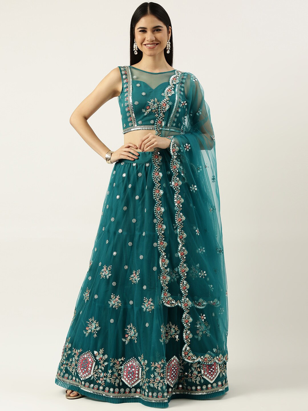 

panchhi Sea Green Embellished Semi-Stitched Lehenga & Unstitched Blouse With Dupatta
