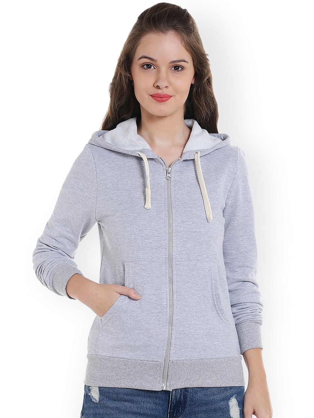 

Campus Sutra Women Grey Solid Hooded Sweatshirt