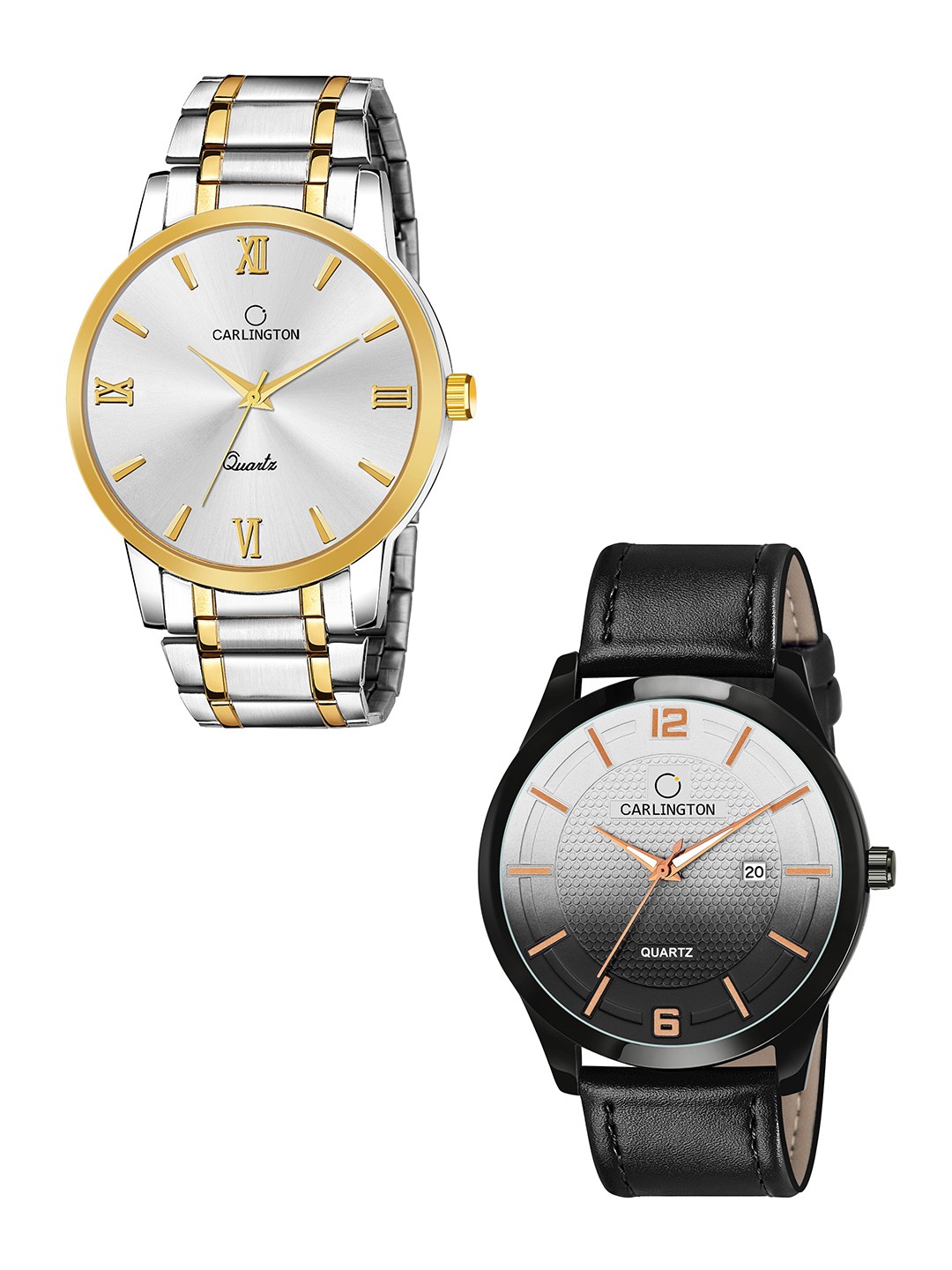 

CARLINGTON Men Set of 2 Embellished Dial & Leather Bracelet Style Straps Analogue Watches, Silver