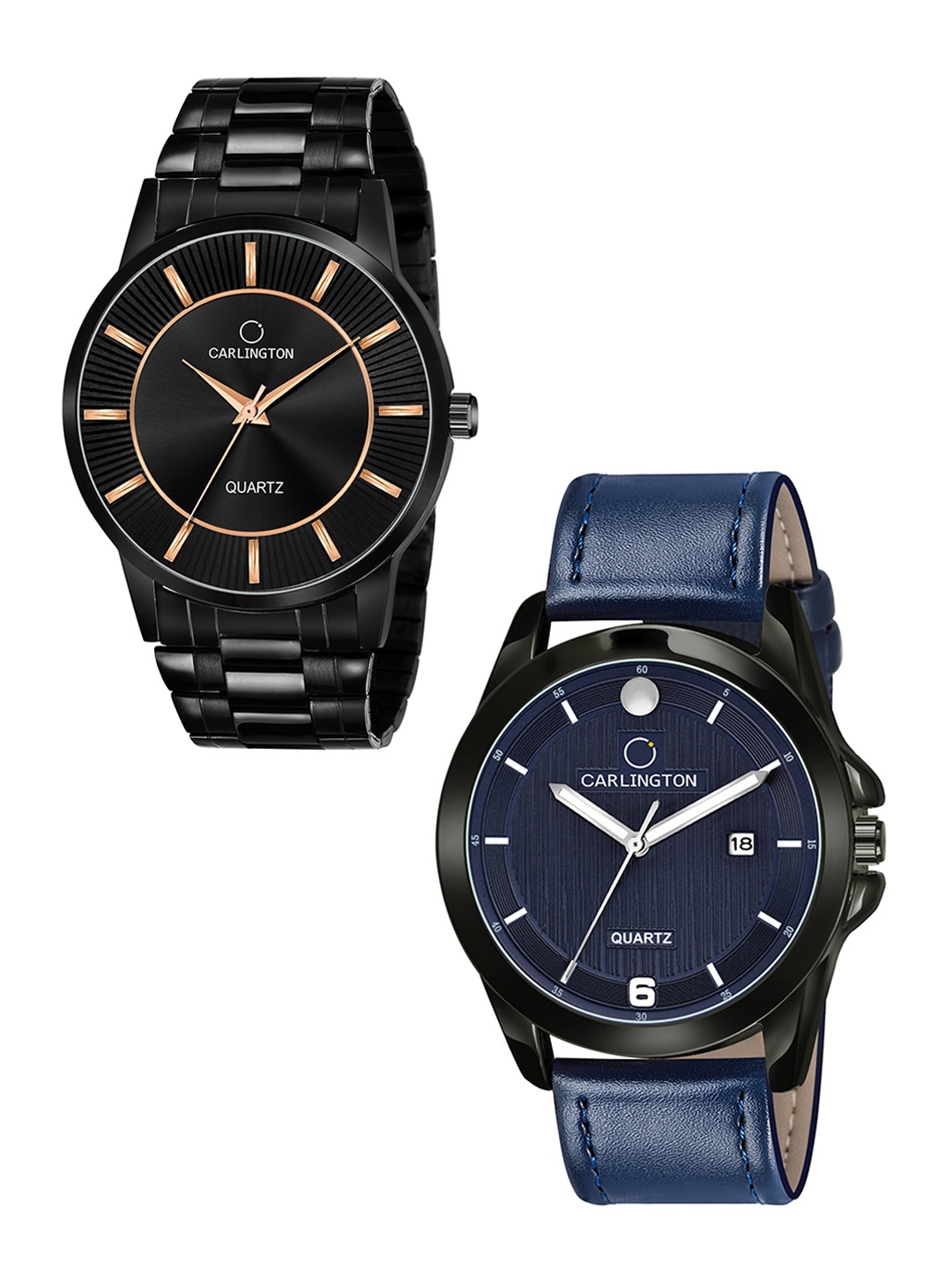 

CARLINGTON Set Of 2 Men Blue Dial & Leather Straps Analogue Watch Combo CT6020 BB-CT1040, Black