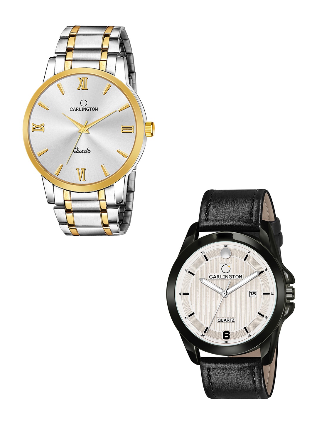 

CARLINGTON Men Pack of 2 Round Dial & Leather Straps Analogue Watch Combo CT6210 -CT1040, Silver