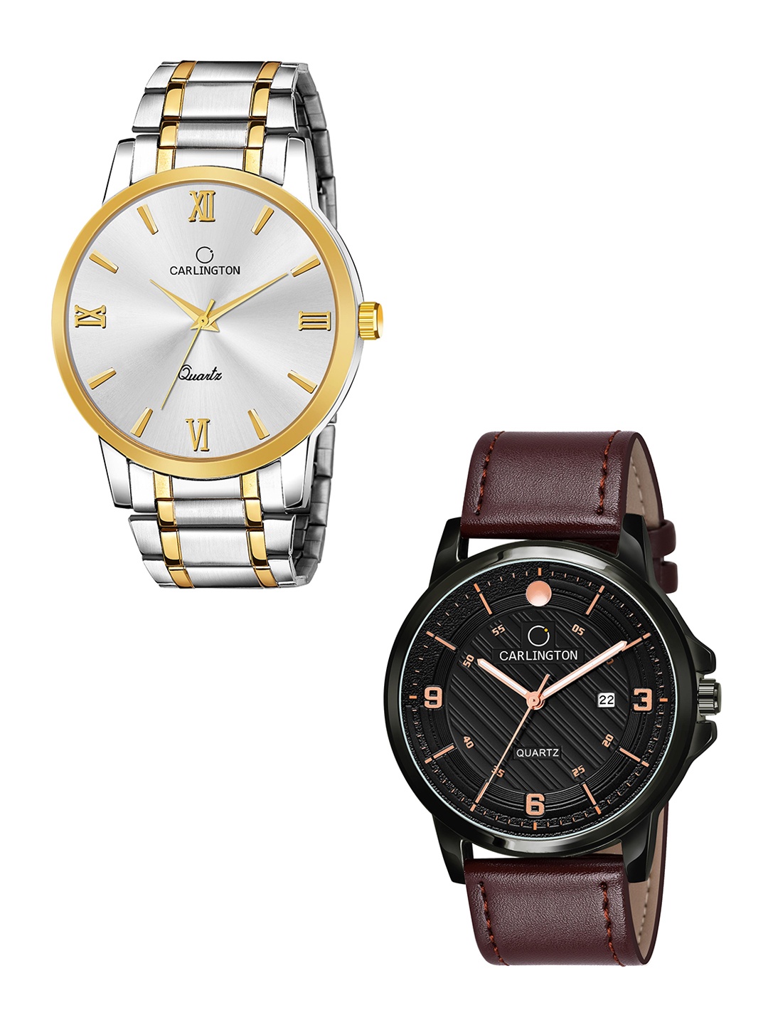 

CARLINGTON Men Brown CT6210 SS-CT1050 Printed Set of 2 Dial Leather Straps Analogue Watch, Black