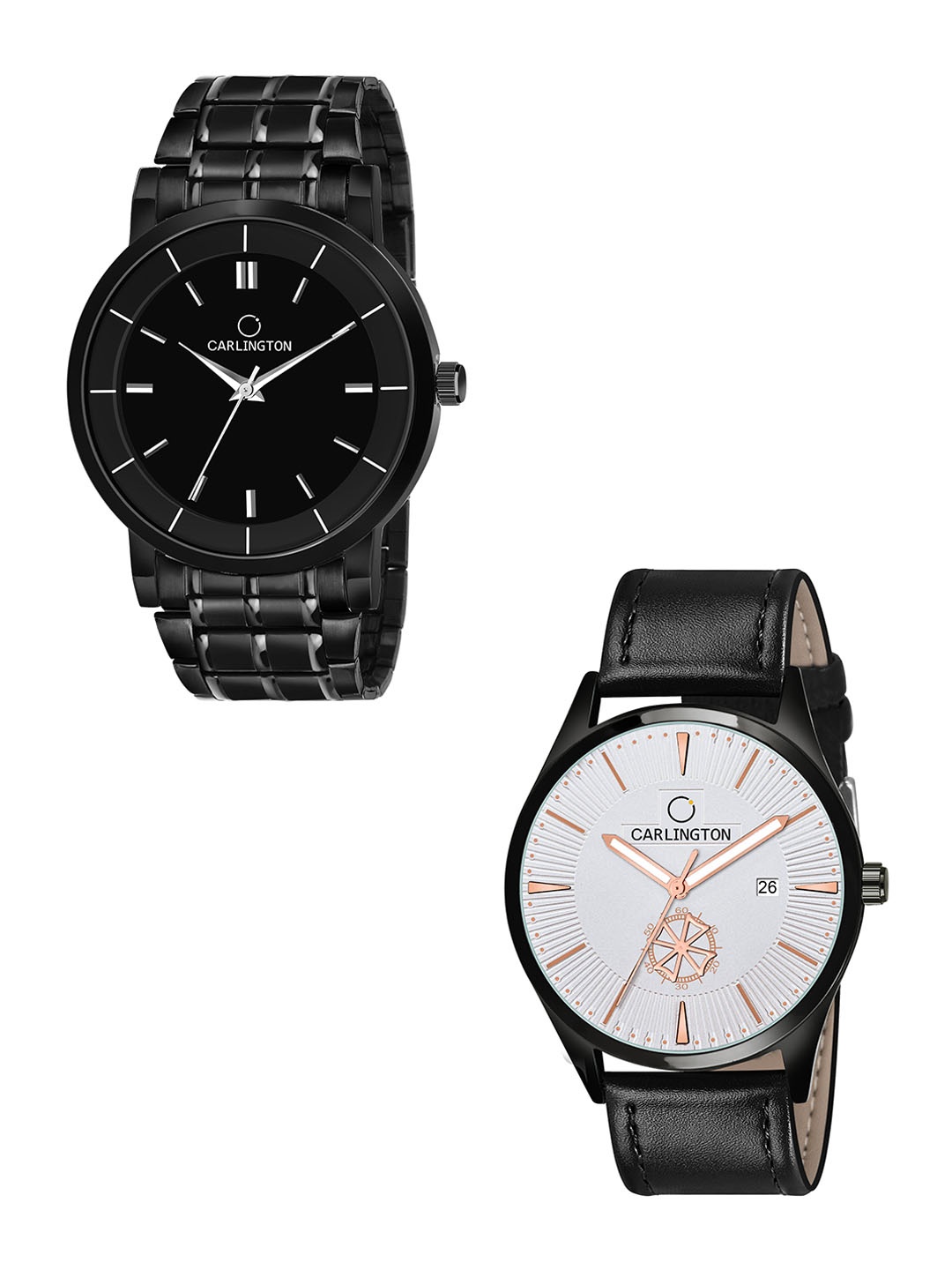

CARLINGTON Men Pack of 2 Black Dial & Leather Bracelet Style Straps Analogue Watches