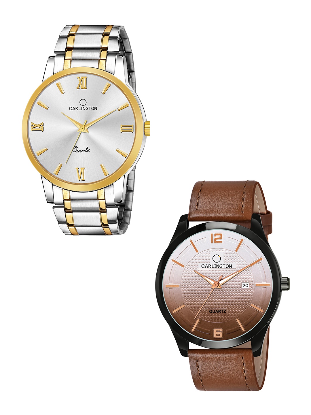 

CARLINGTON Men 2 Embellished Dial & Leather Straps Analogue Combo Watch CT6210 SS-CT1010, Silver