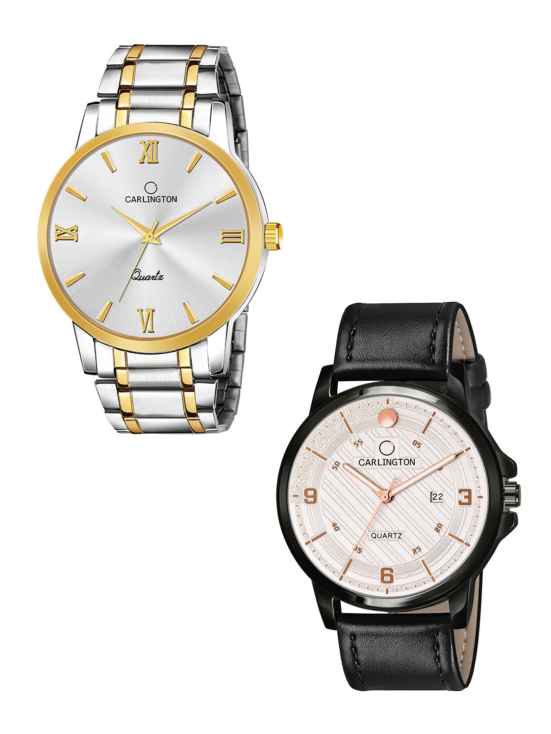 

CARLINGTON Men Set Of 2 White Dial & Black Straps Analogue Watches Combo CT6210 SS-CT1050, Silver