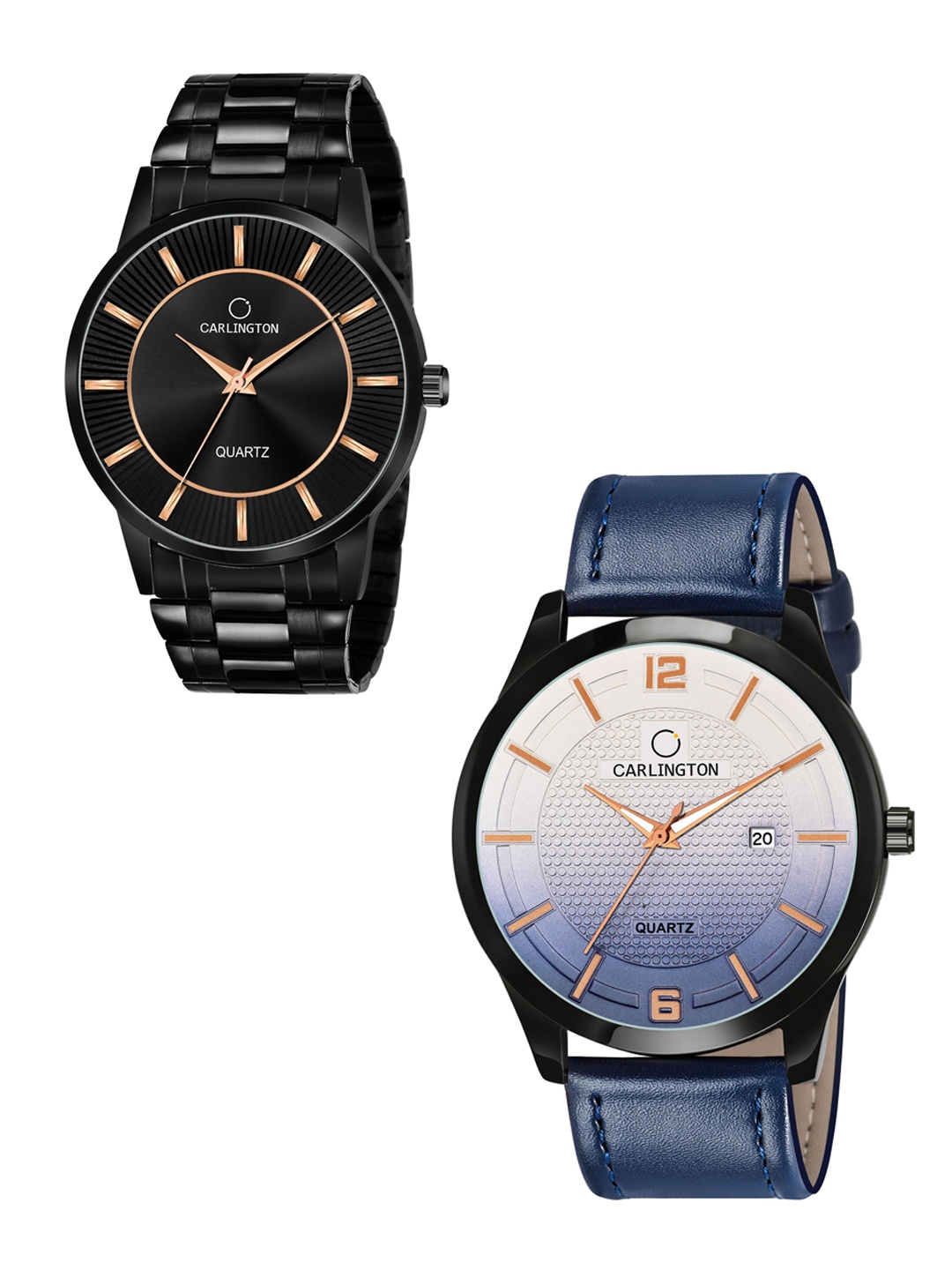 CARLINGTON Men Set of 2 Black Dial & Blue Leather Straps Analogue WatchCT6020 BB-CT1010