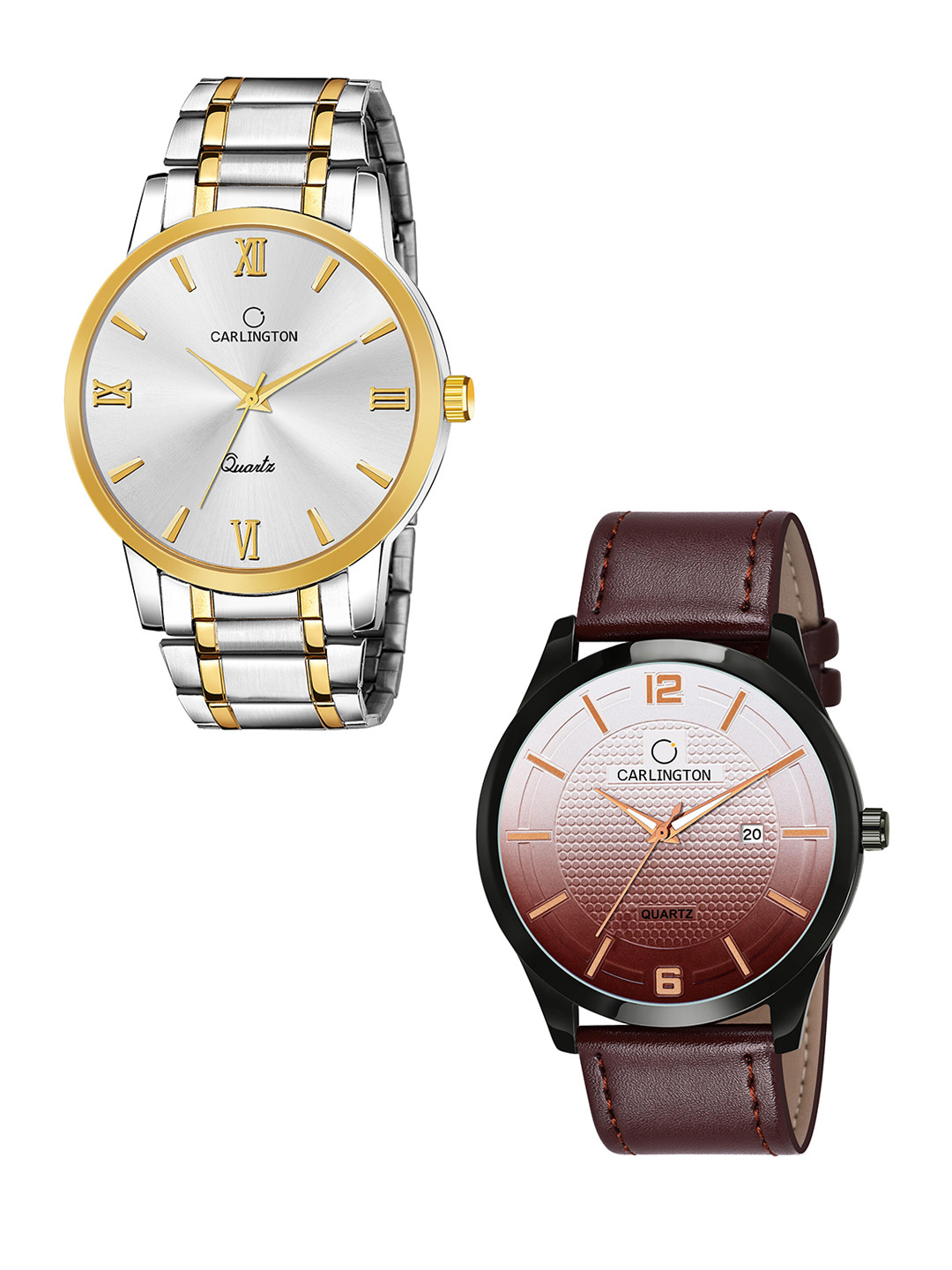 

CARLINGTON Men Pack of 2 Toned Leather Bracelet Style Straps Analogue Watch, Silver