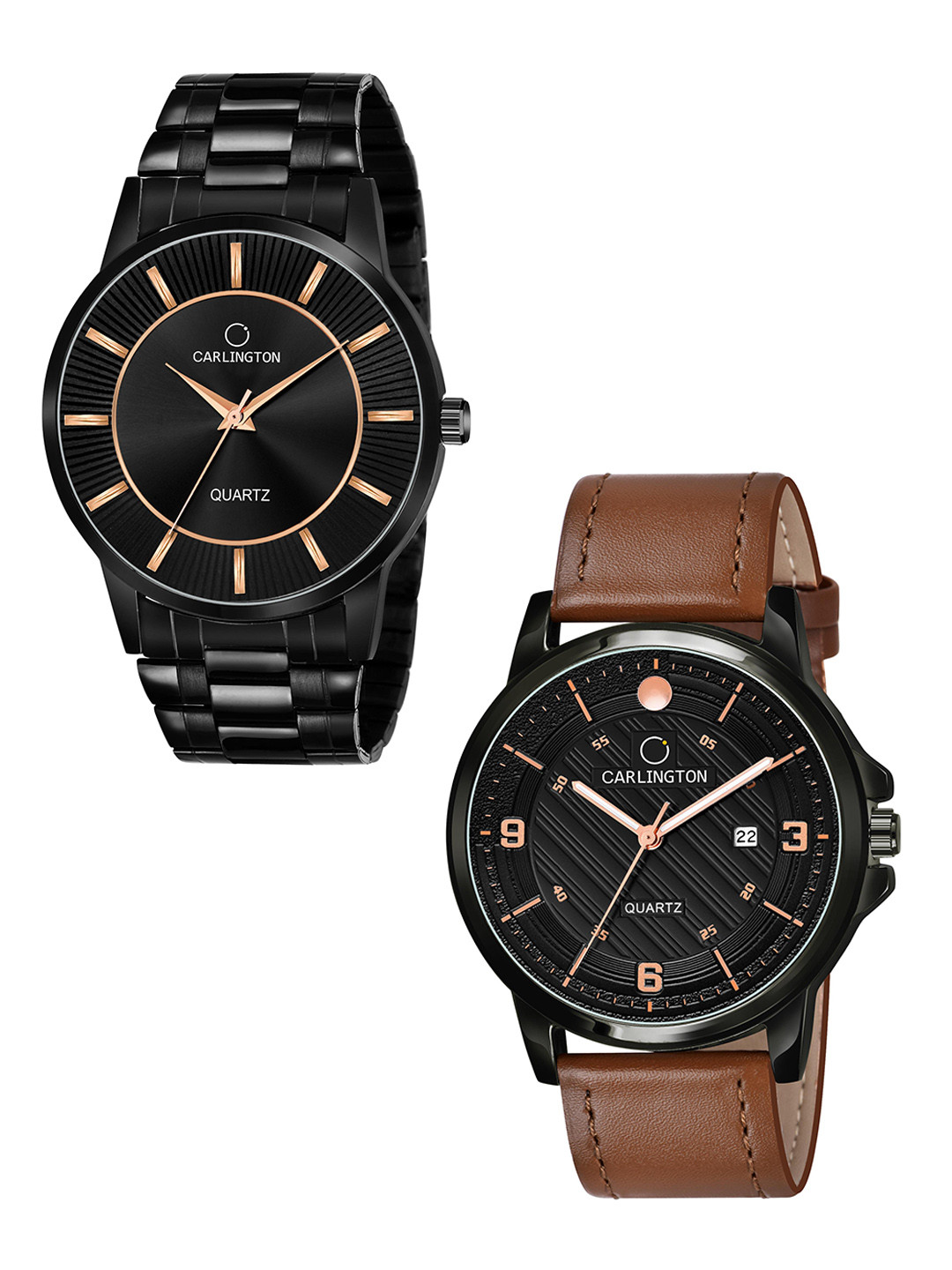 

CARLINGTON Men Pack of 2 Round Dial & Leather Straps Analogue Watch CT6020 BB-CT1050, Black