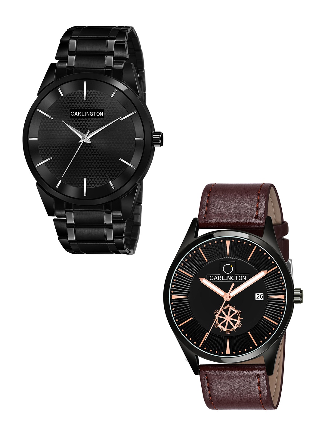 

CARLINGTON Men Pack of 2 Black Dial & Brown Leather Straps Analogue Watch CT6010 BB-CT1020