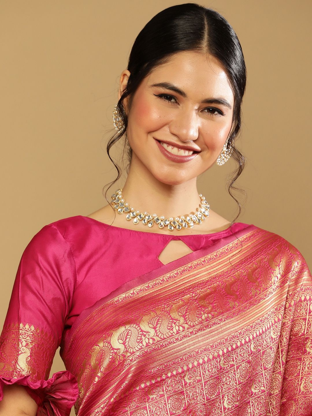 

Satrani Pink & Gold-Toned Woven Design Zari Art Silk Banarasi Saree