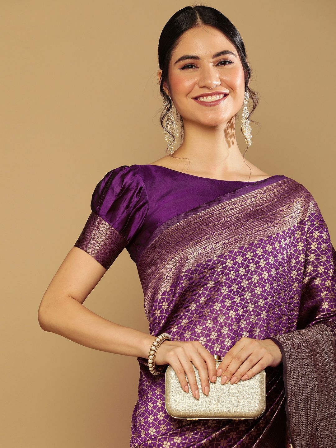 

Satrani Purple & Gold-Toned Woven Design Zari Art Silk Banarasi Saree