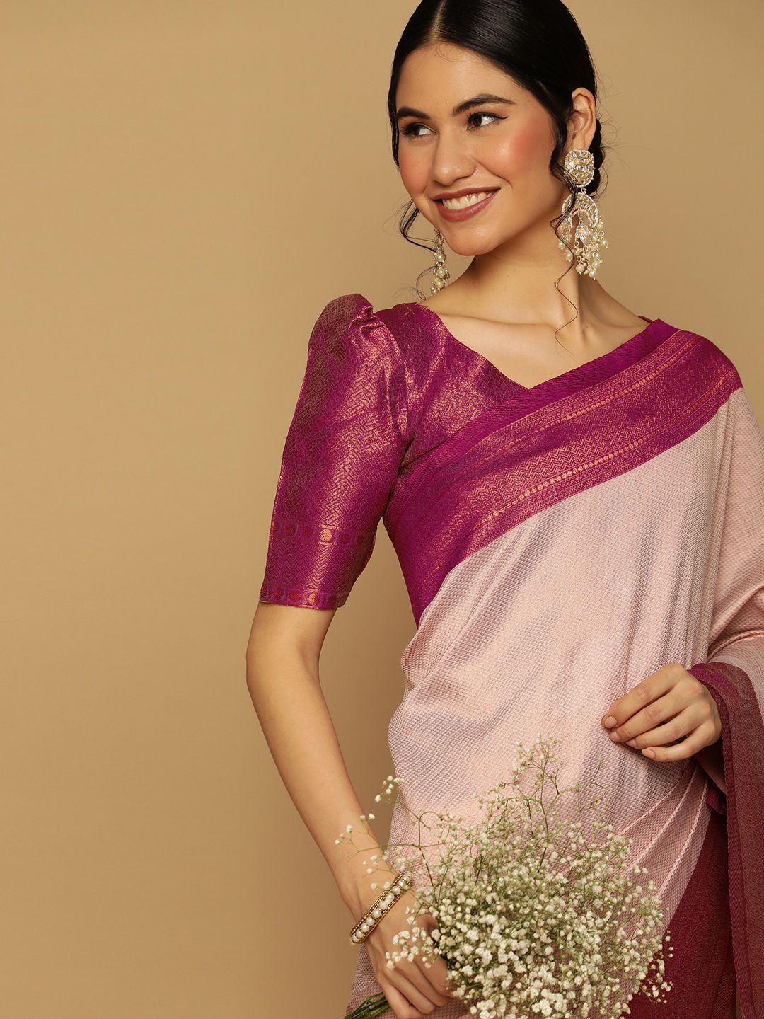 

Satrani Off White & Purple Woven Design Zari Art Silk Kanjeevaram Saree