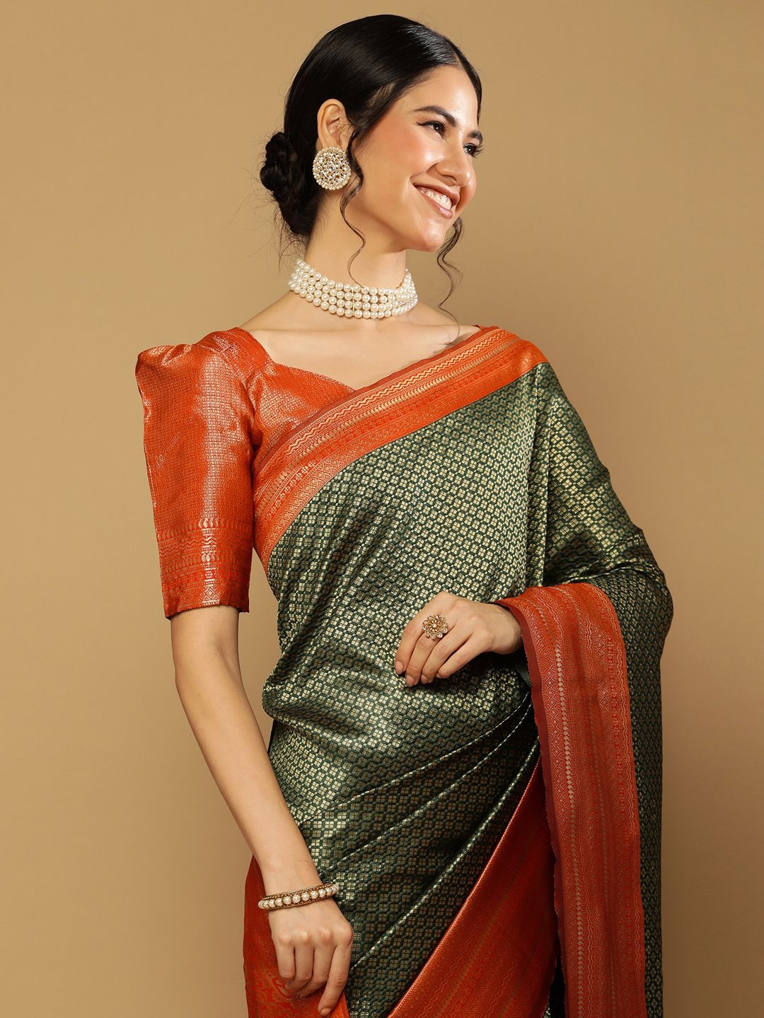 

Satrani Green & Red Woven Design Zari Art Silk Kanjeevaram Saree