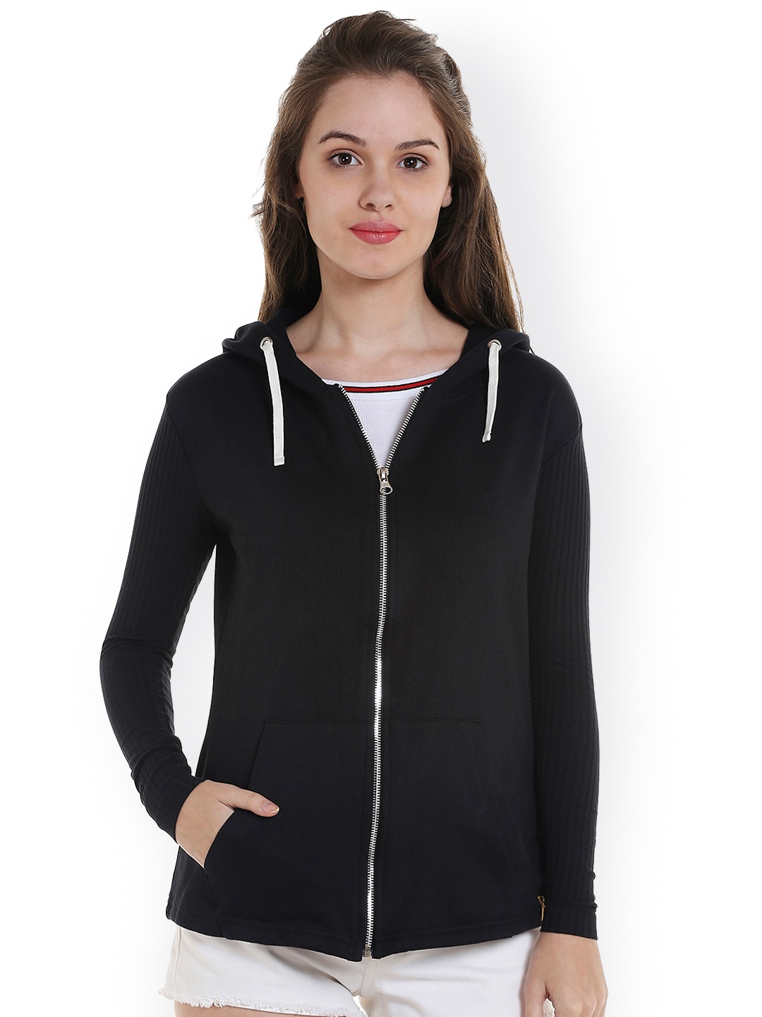 

Campus Sutra Women Black Solid Hooded Sweatshirt