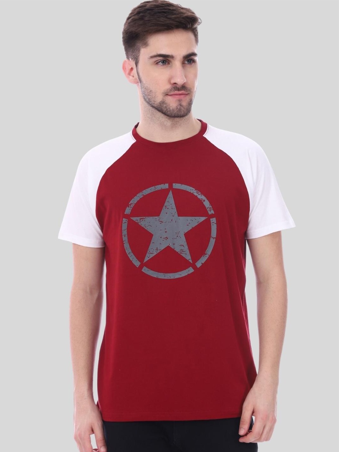 

DEZANO Men Maroon & White Printed Cotton T-shirt