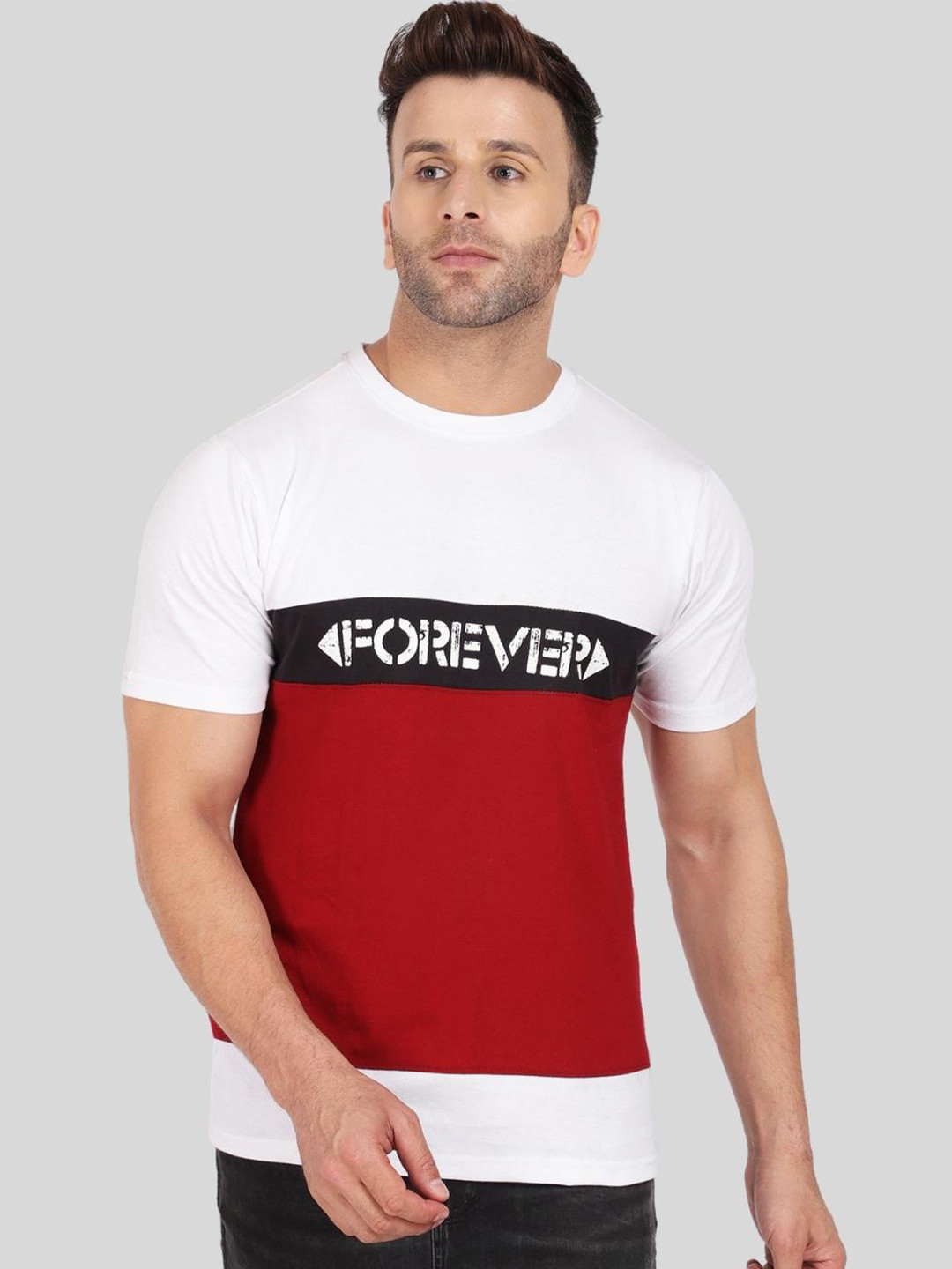 

DEZANO Men White & Red Colourblocked Cotton T-shirt