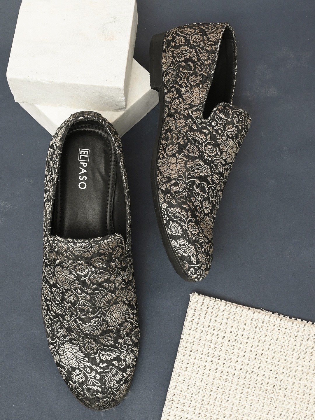 

El Paso Men Black Floral Woven Design Slip On Mojaris