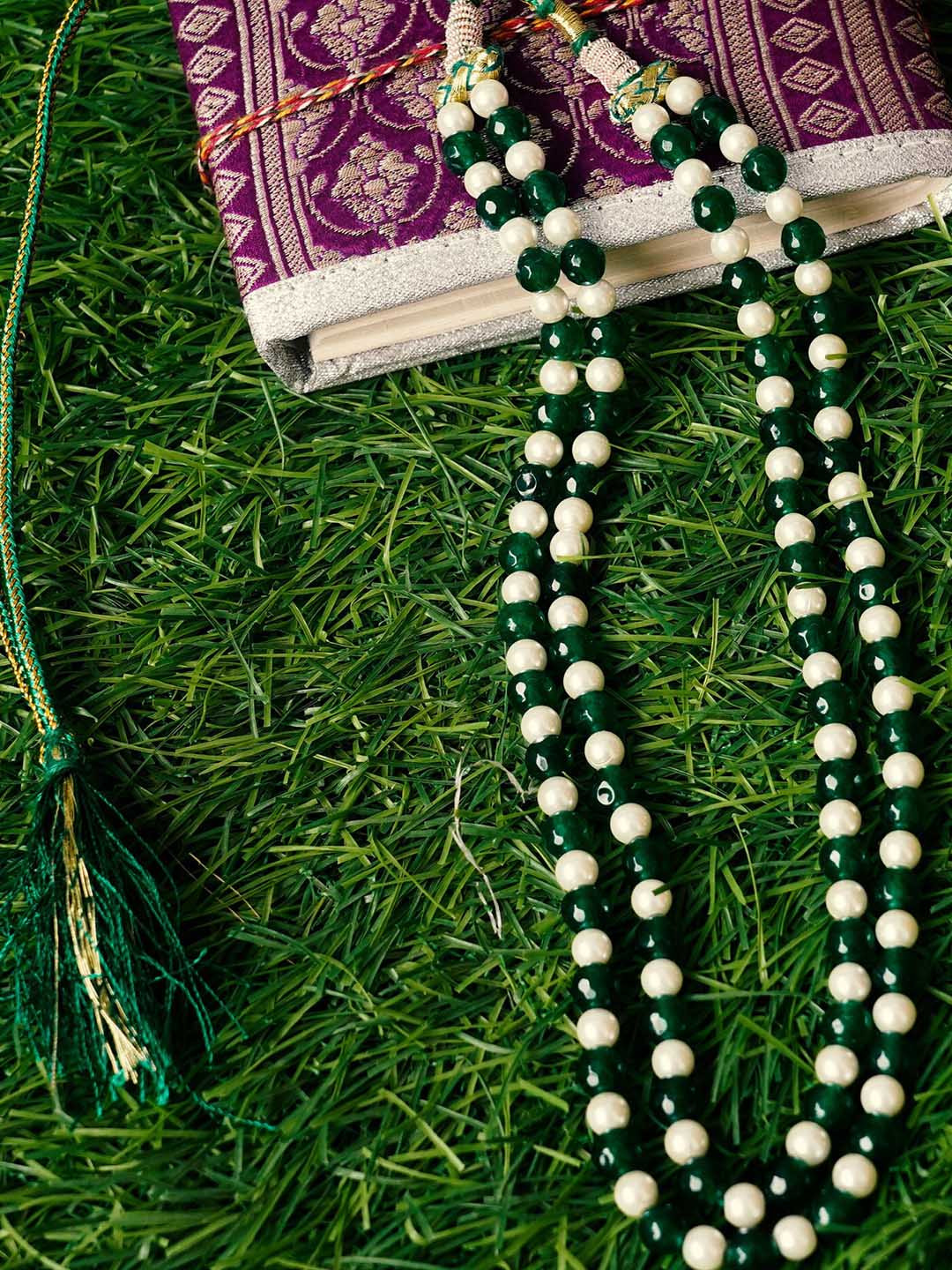 

Unnati Silks Green & White Beads Layered Statement Necklace