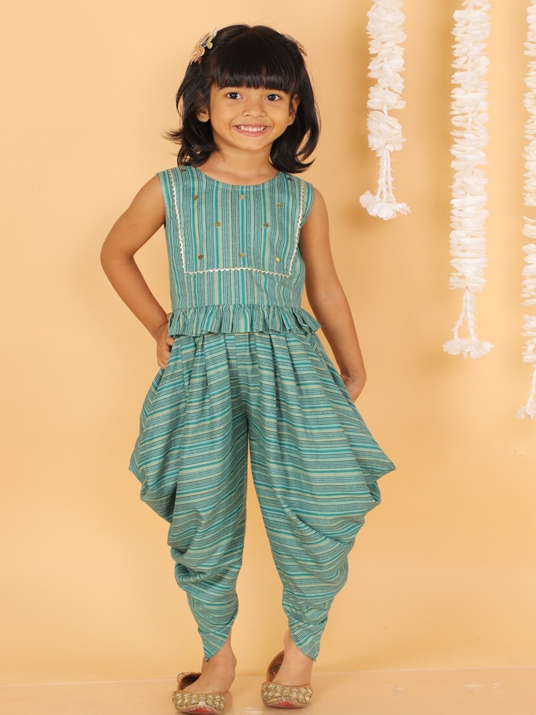 

LIL DRAMA Girls Blue & White Printed Top with Dhoti Pants