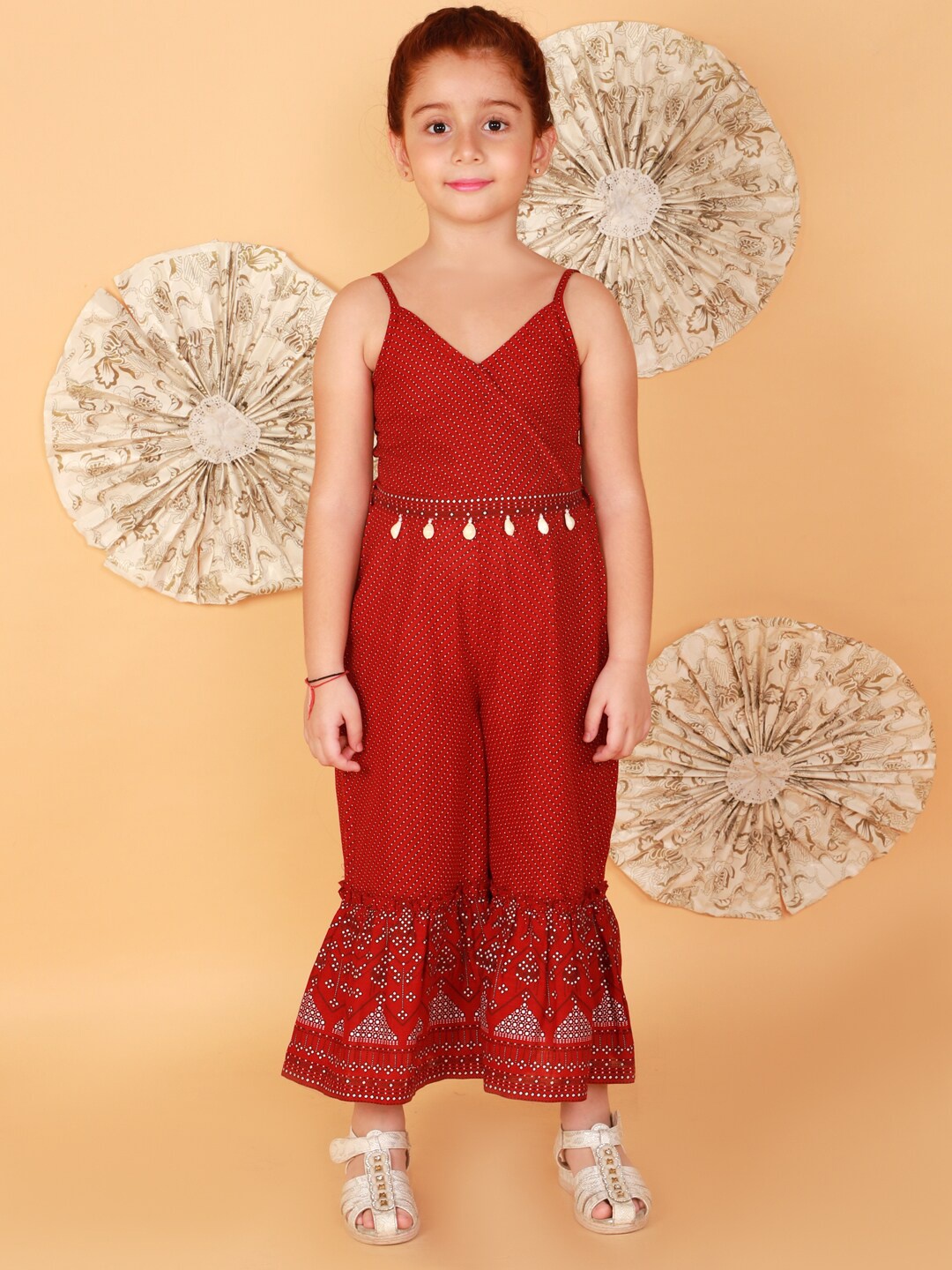 

LIL DRAMA Girls Red & White Printed Cotton Basic Jumpsuit