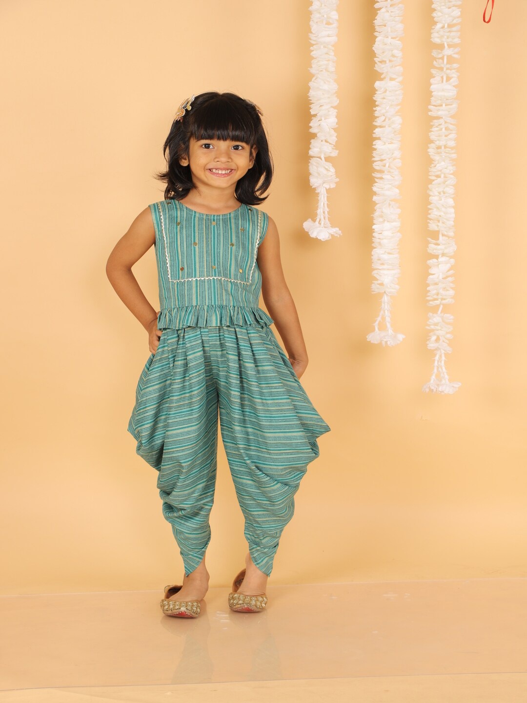 

LIL DRAMA Girls Blue & White Printed Top with Dhoti Pants
