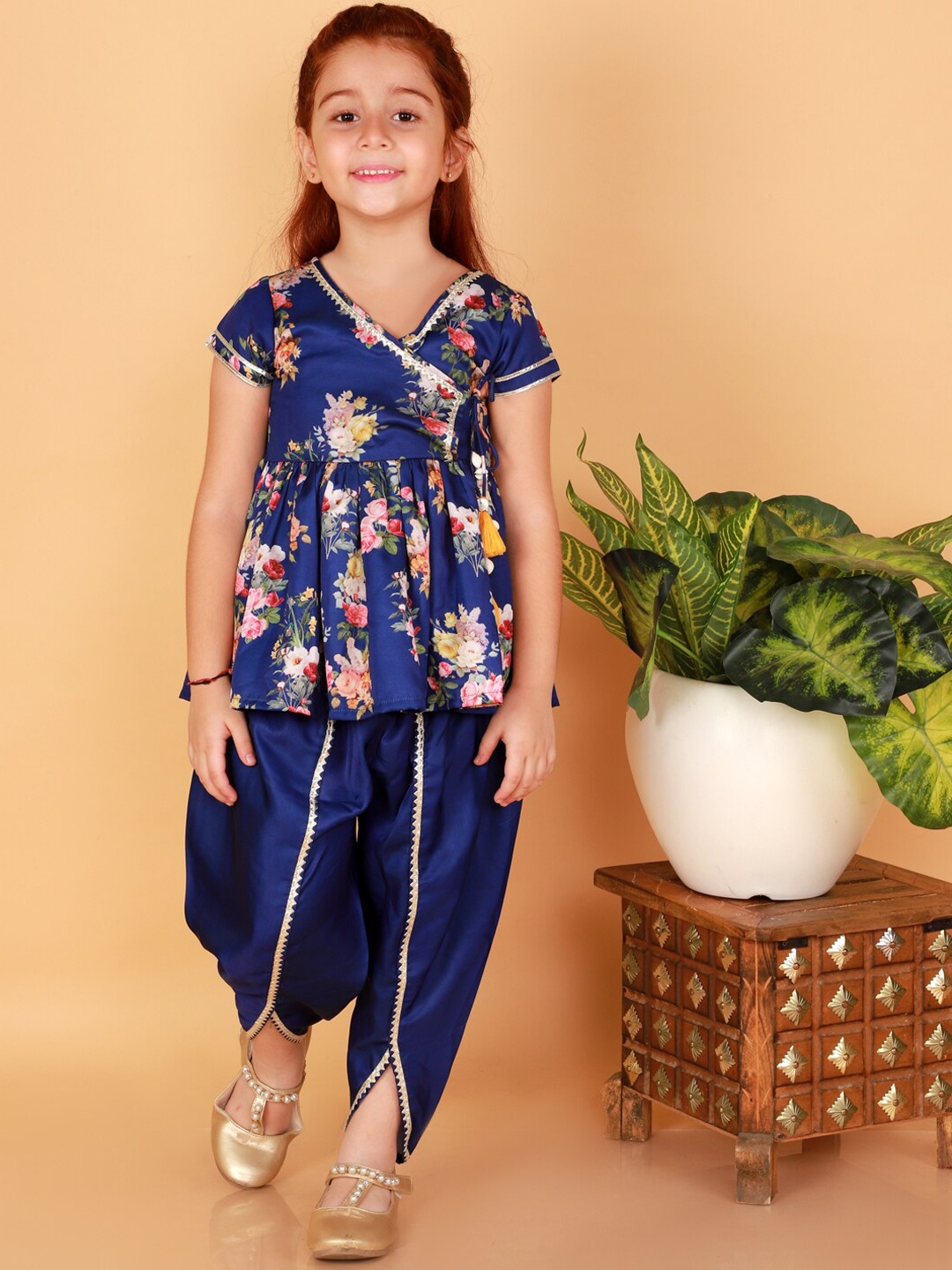 

LIL DRAMA Girls Blue Floral Printed Angrakha Gotta Patti Kurti with Dhoti Pants