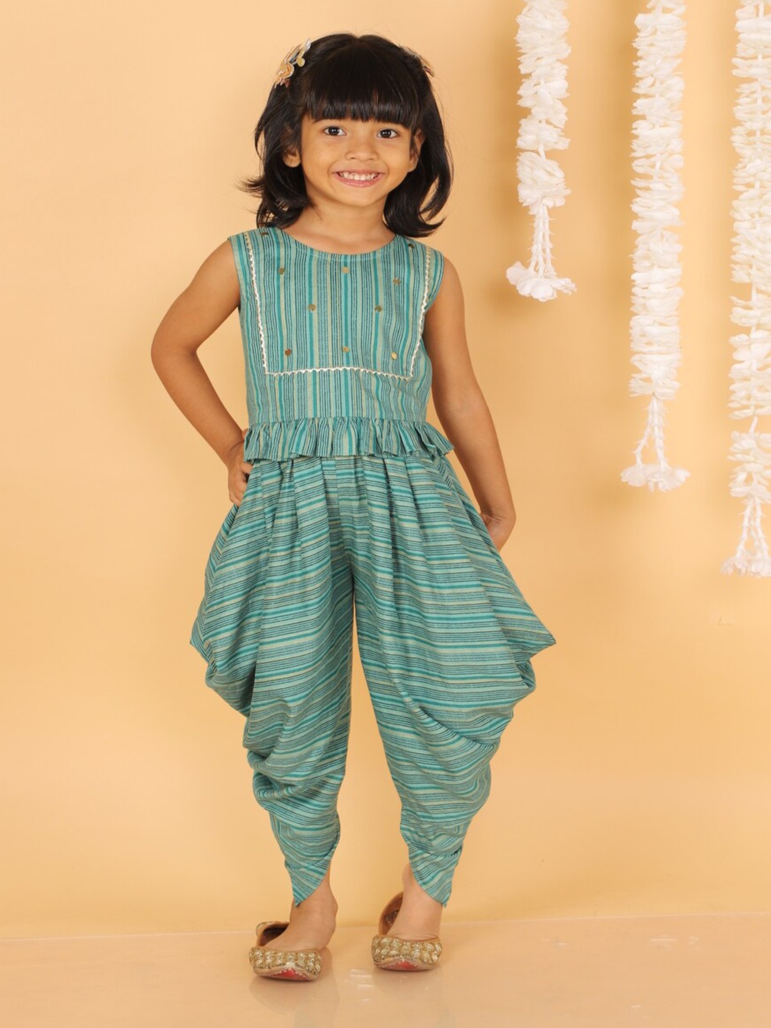 

LIL DRAMA Girls Green & Beige Printed Top with Dhoti Pants