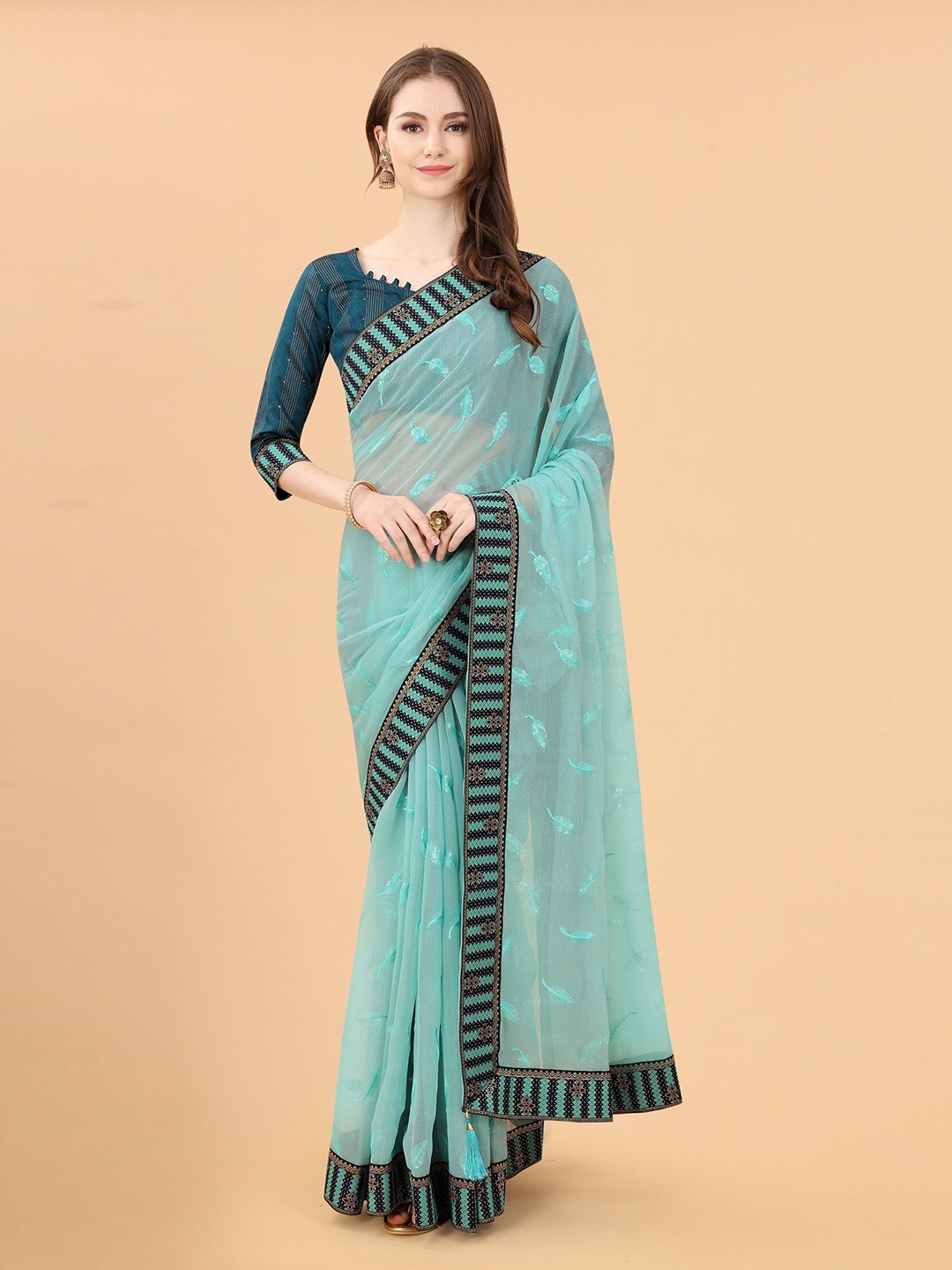 

Mitera Blue & Black Embellished Pure Linen Saree