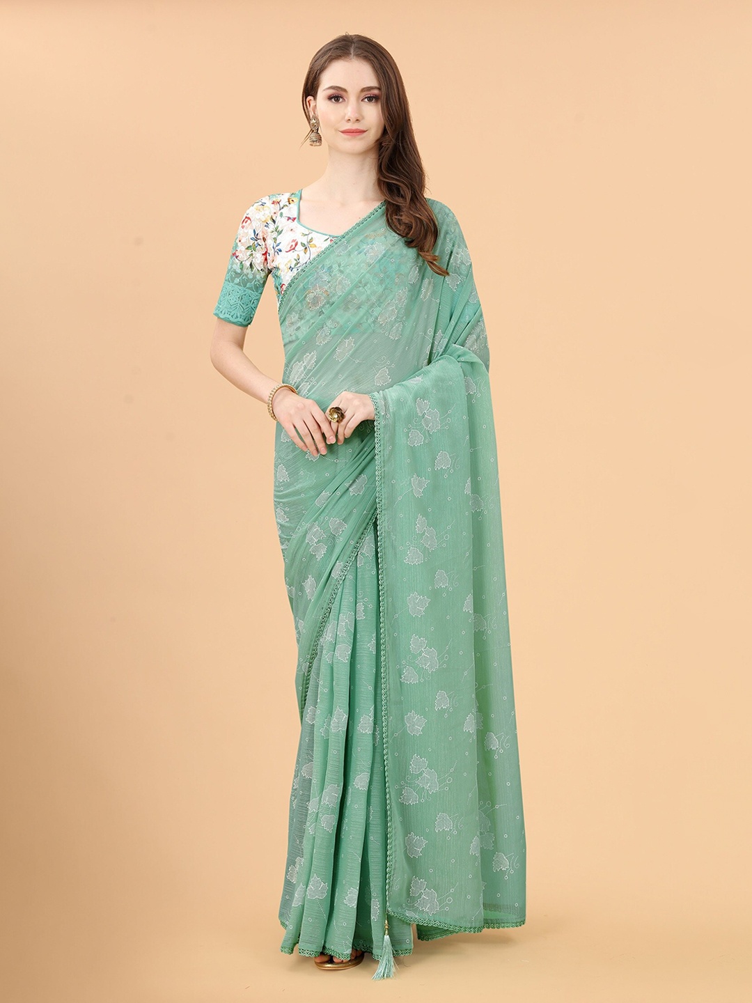 

Mitera Teal & Grey Floral Pure Linen Saree