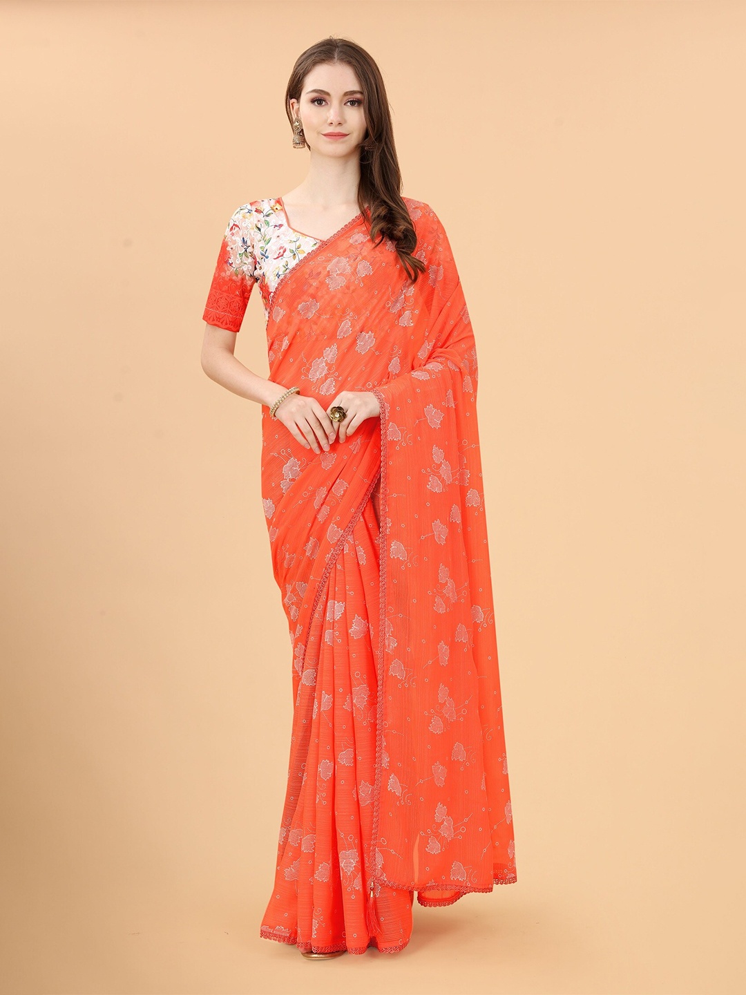 

Mitera Orange & White Floral Pure Linen Saree
