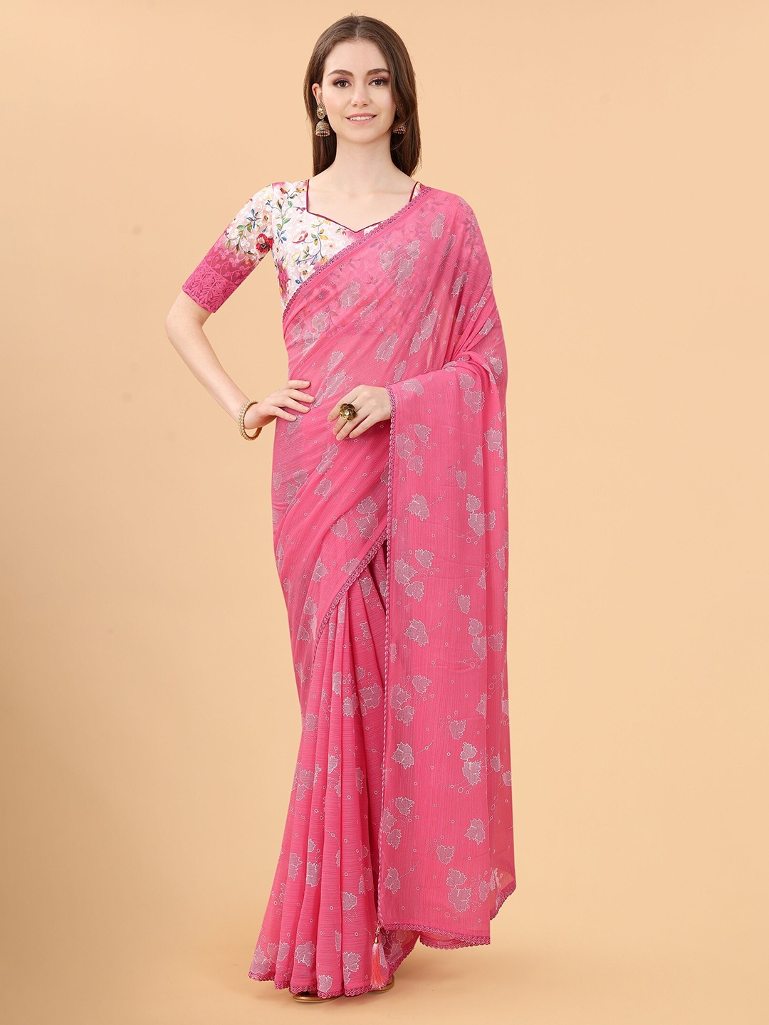 

Mitera Pink & Grey Floral Pure Linen Saree