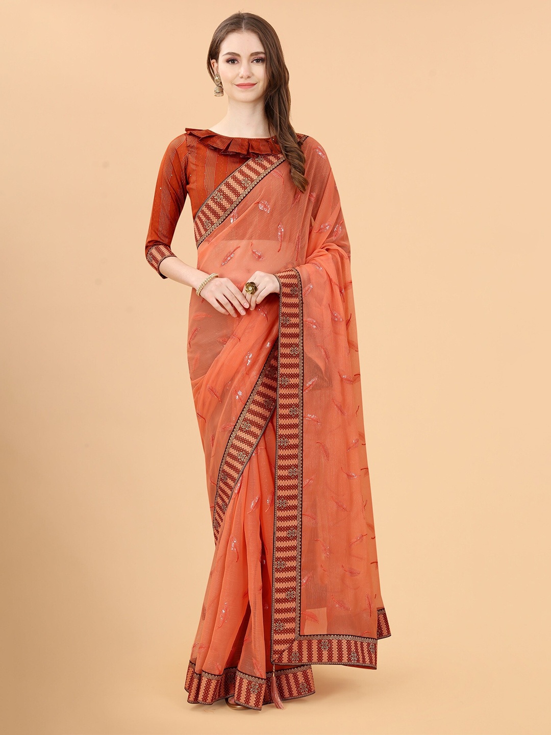 

Mitera Orange & Red Floral Pure Linen Saree