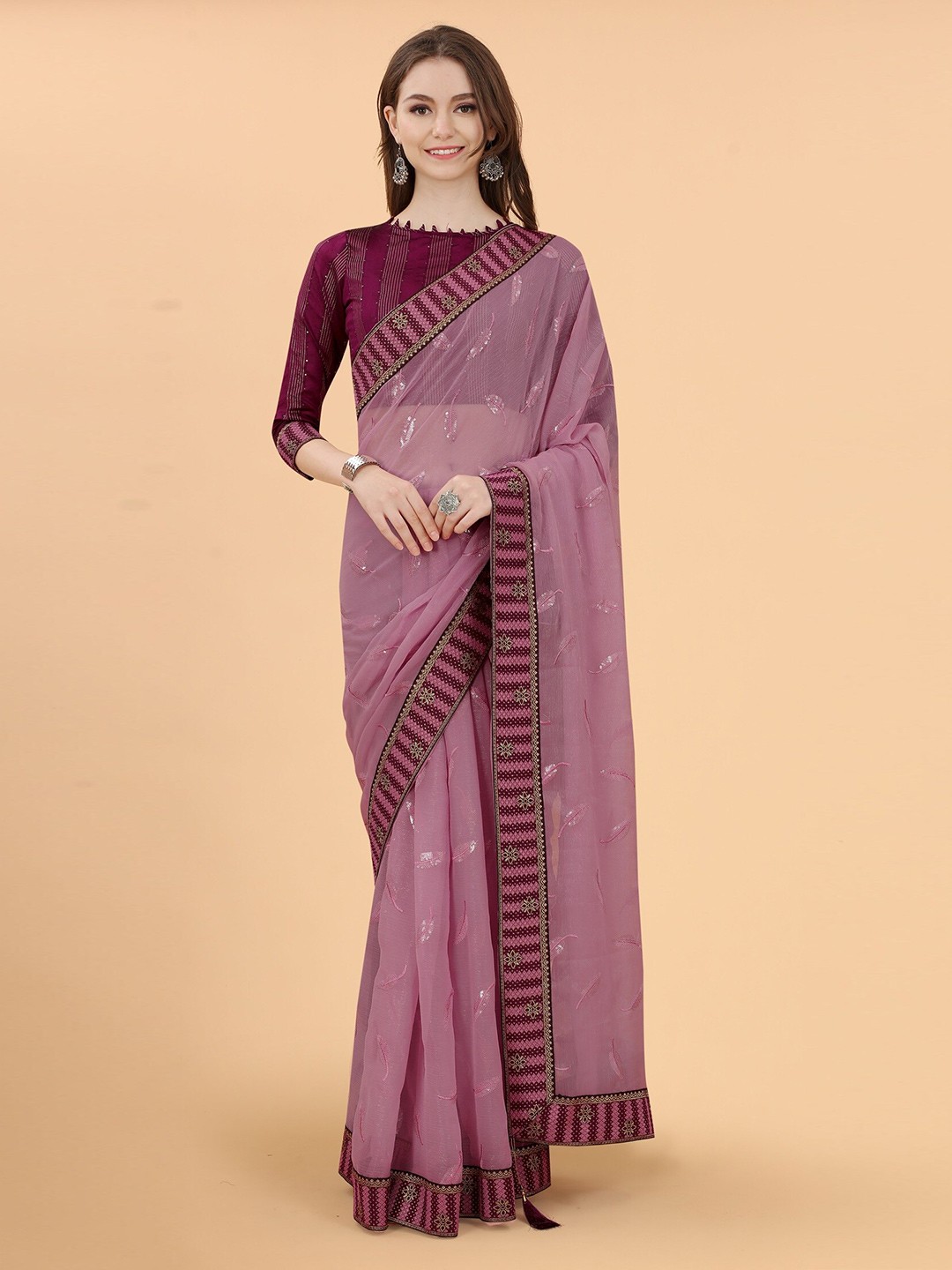 

Mitera Purple & Brown Floral Pure Linen Saree