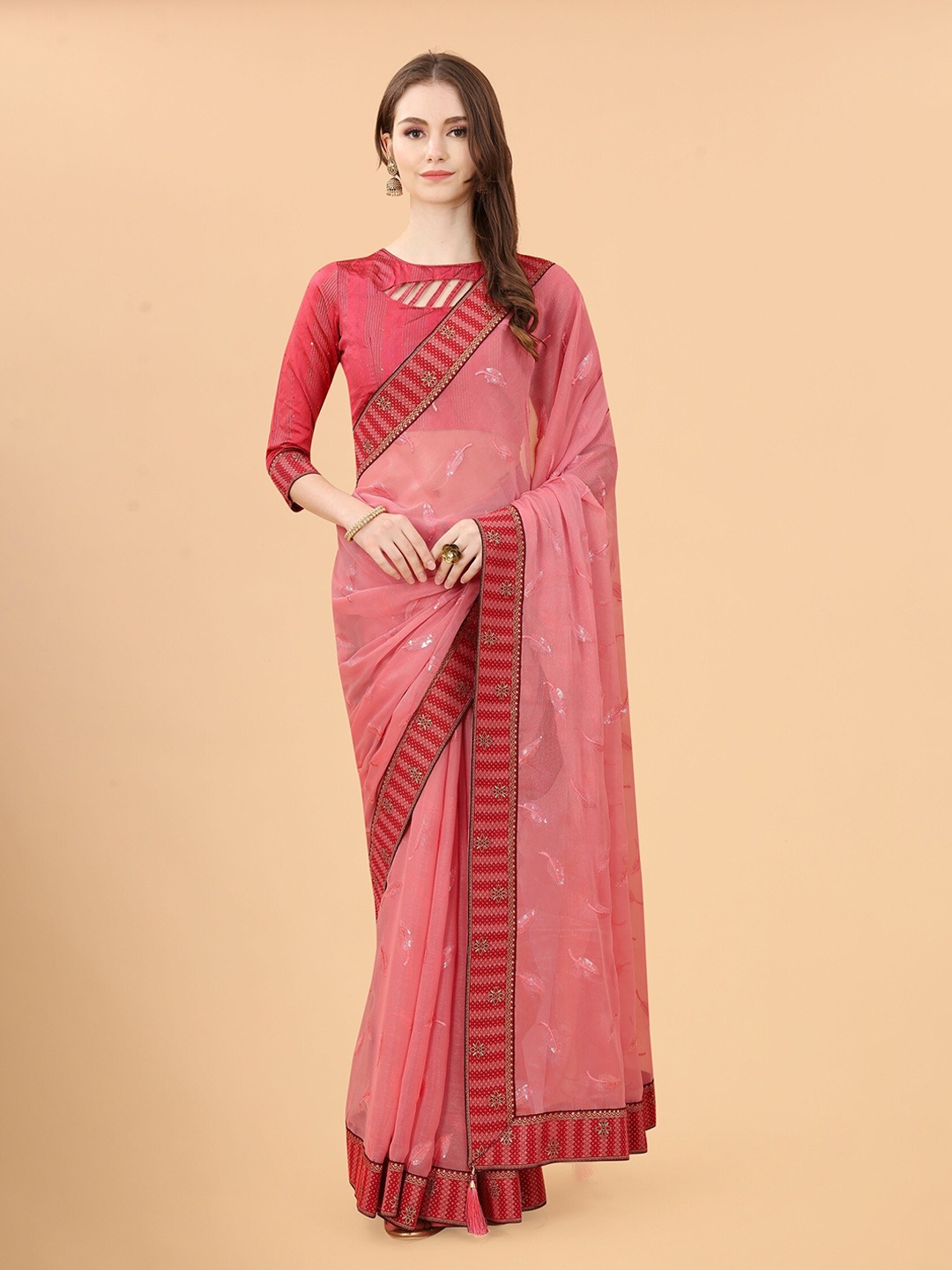 

Mitera Red & Peach-Coloured Sequinned Pure Linen Saree