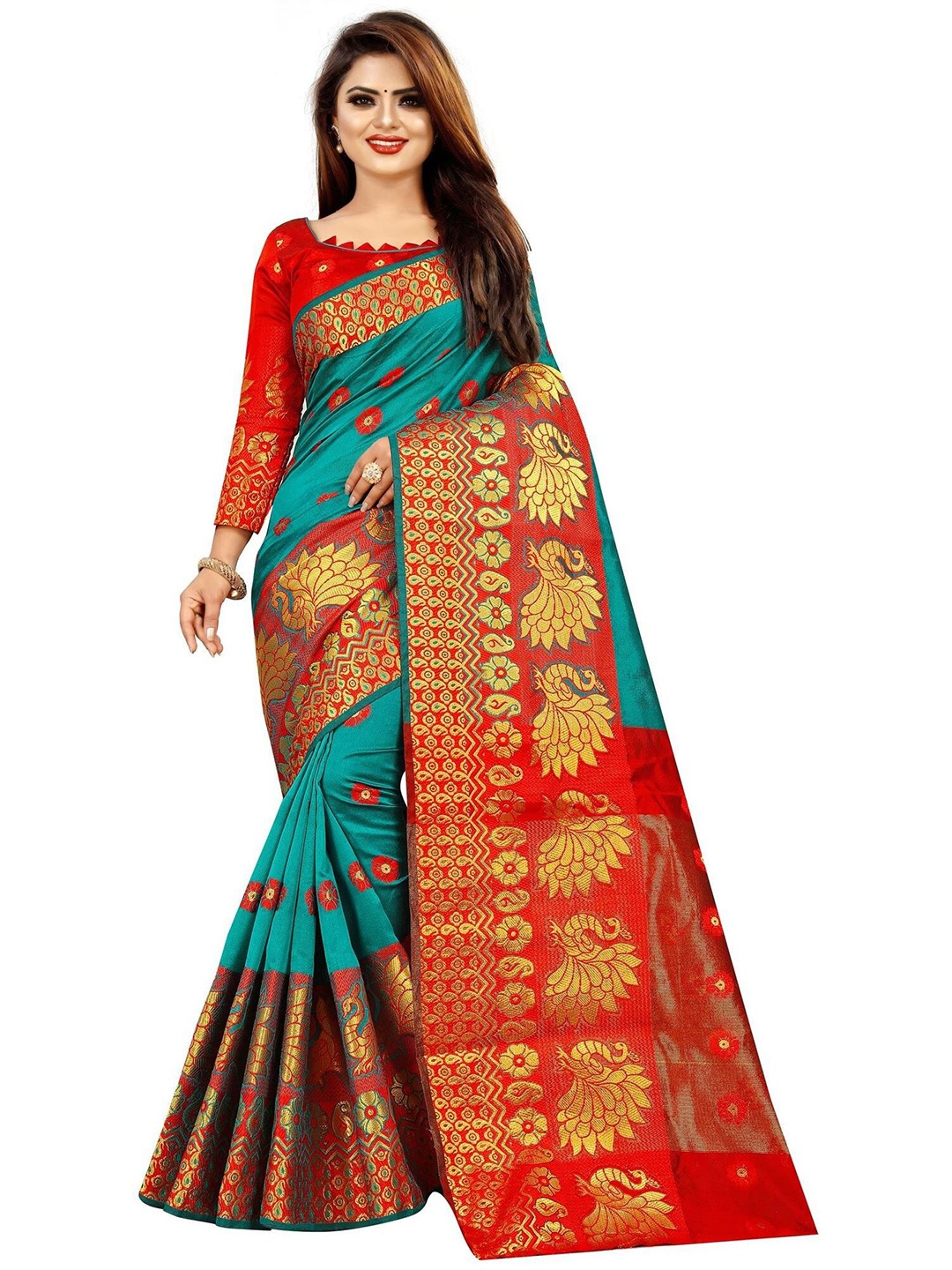 

Mitera Green & Red Woven Design Zari Silk Cotton Kanjeevaram Saree