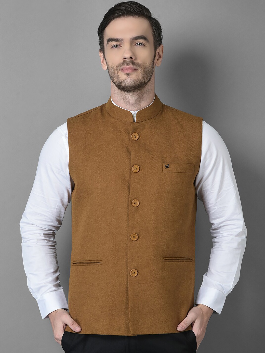 

Canary London Men Mustard Solid Slim Fit Nehru Jacket