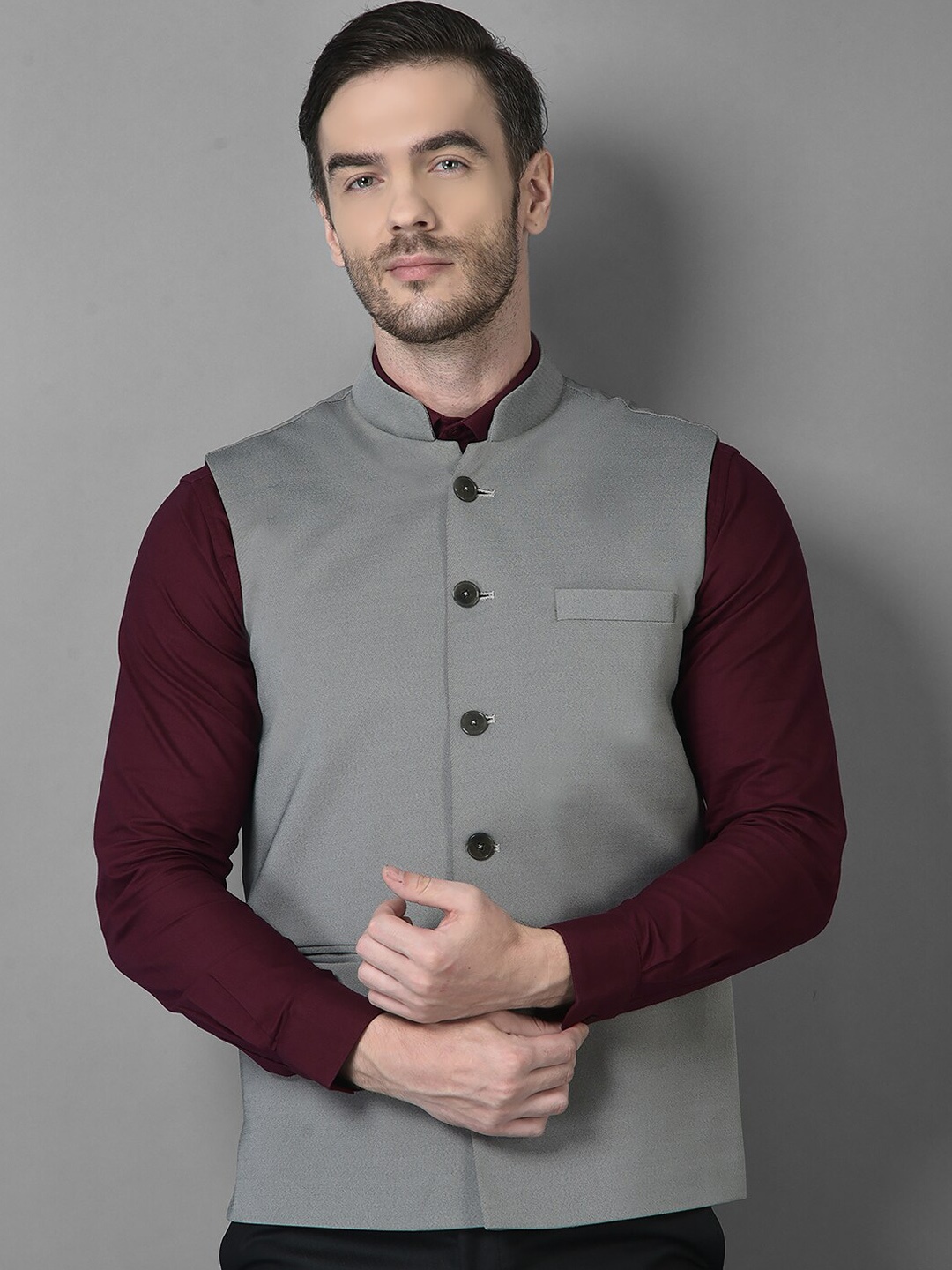 

Canary London Men Grey Solid Slim Fit Nehru Jacket