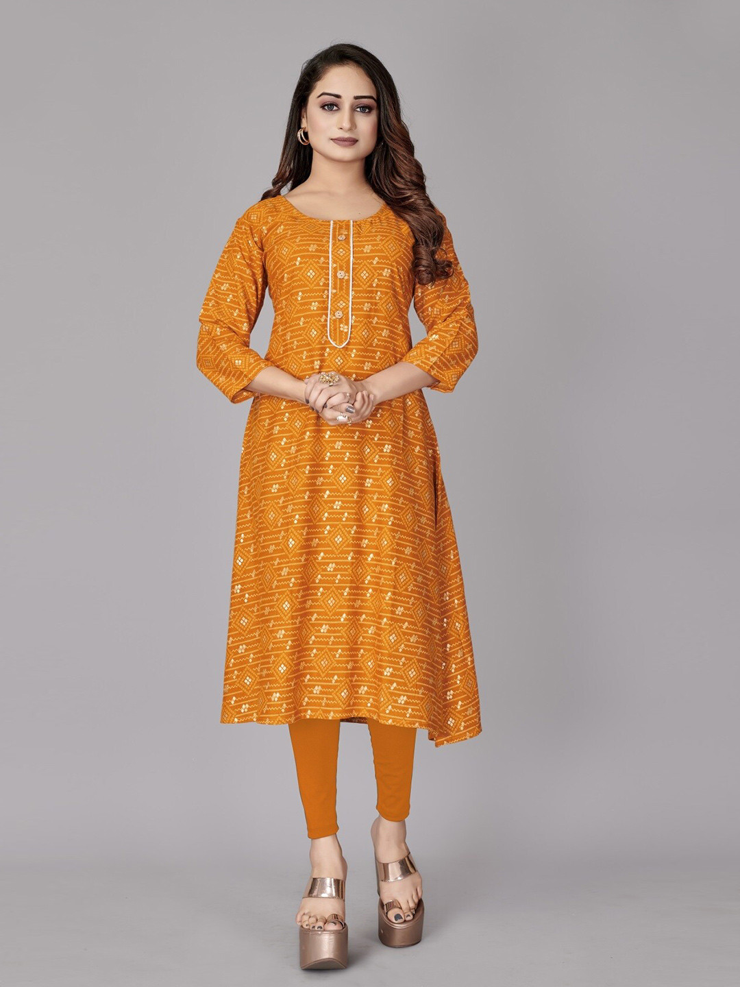 

Fashion FRICKS Women Geometric Printed Kurta, Yellow