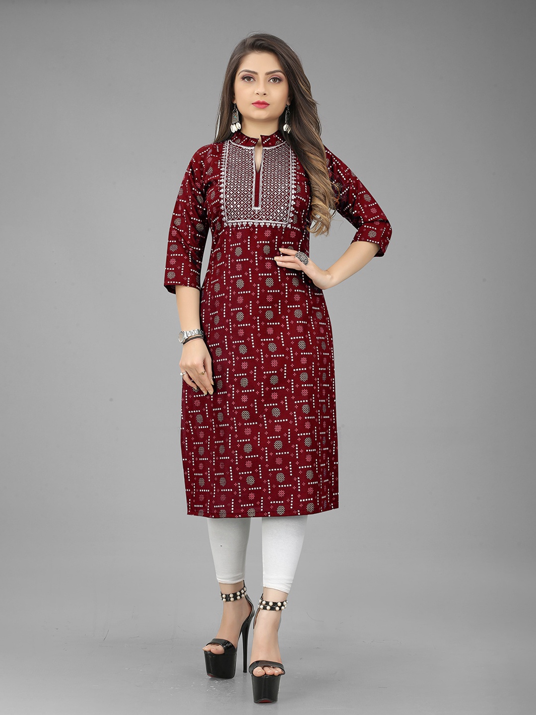 

Fashion FRICKS Women Maroon Ethnic Motifs Printed Thread Work Kurta