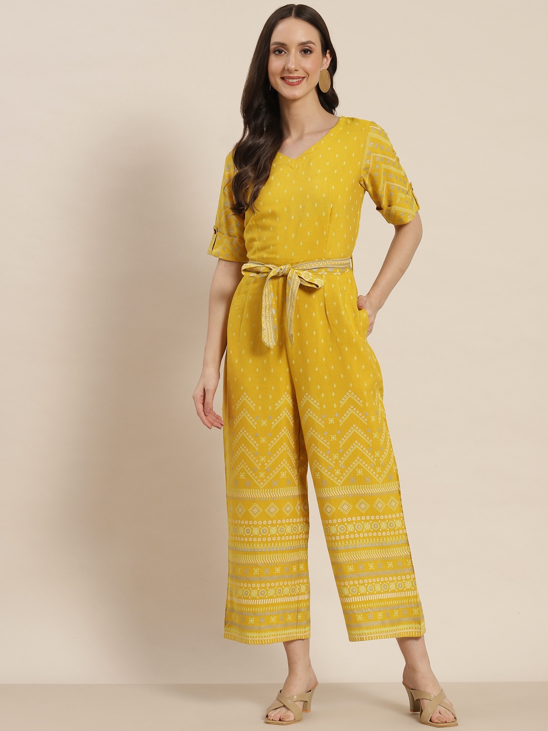 

Juniper Mustard Yellow Ethnic Motifs Printed Basic Jumpsuit