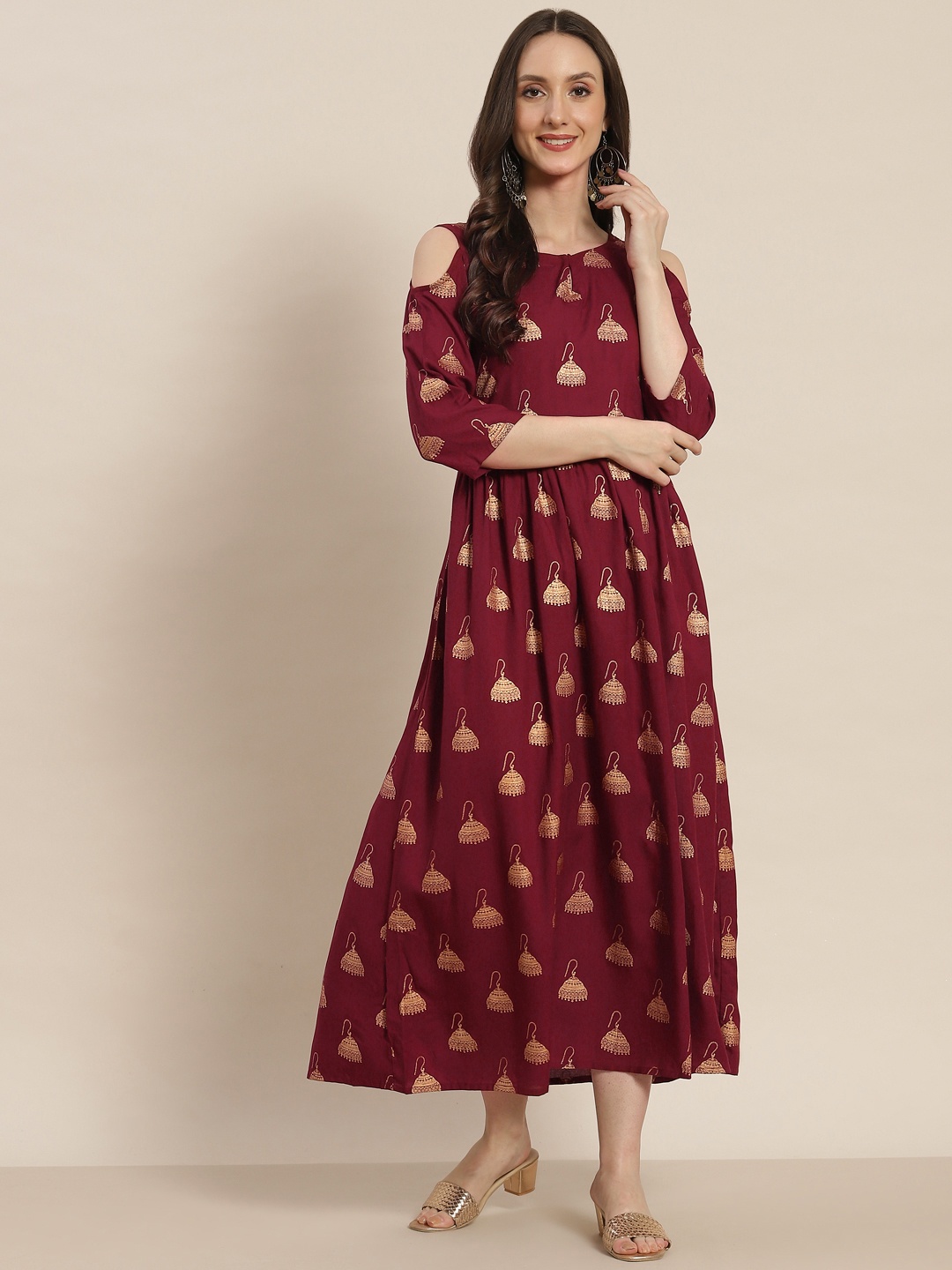 

Juniper Women Maroon Printed A-Line Midi Dress