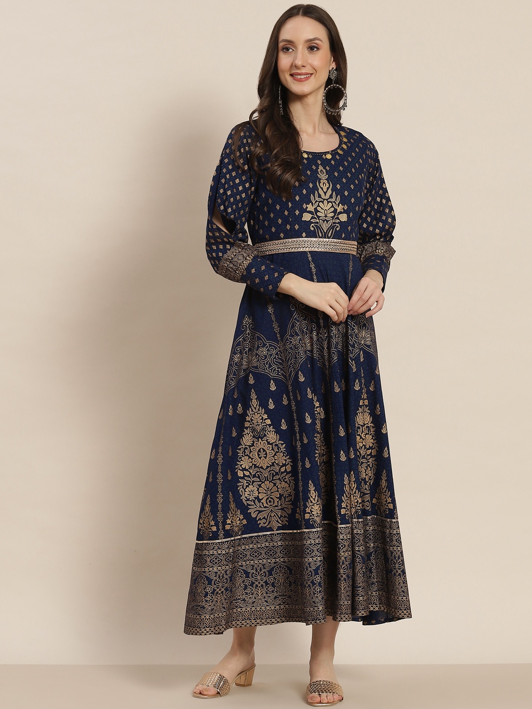 

Juniper Navy Blue & Golden Ethnic Motifs Printed A-Line Dress