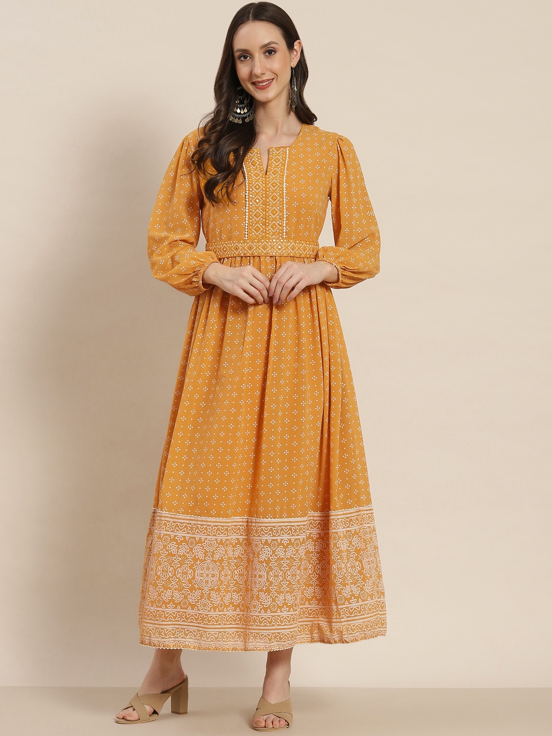 

Juniper Mustard Yellow Georgette Khadi Print A-Line Maxi Dress