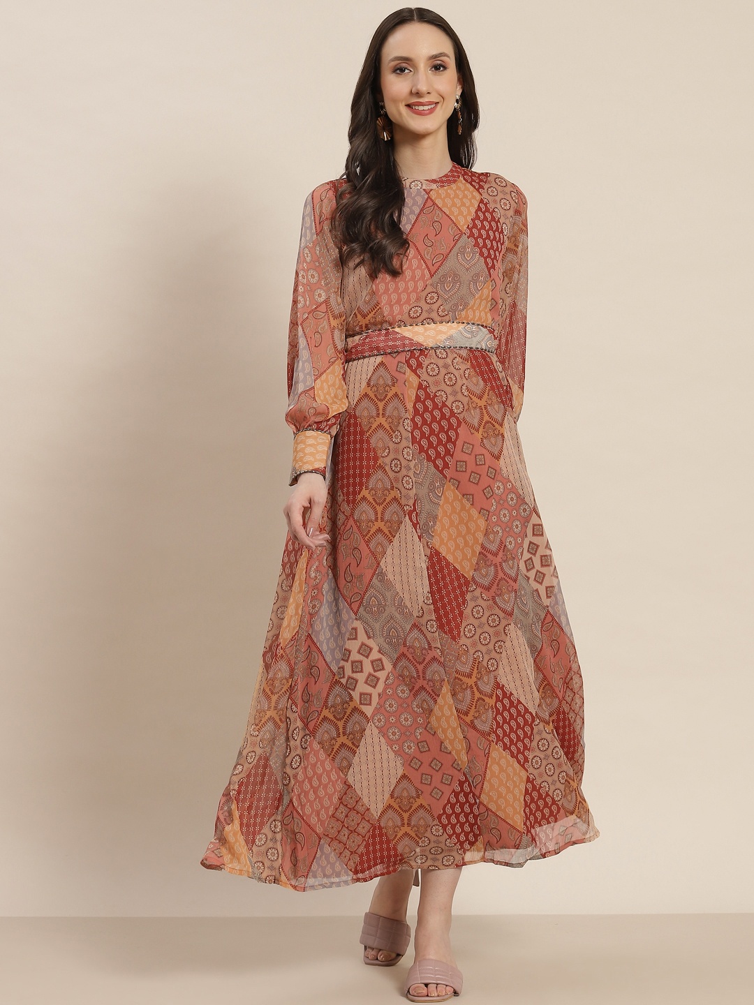 

Juniper Pink & Red Ethnic Motifs Printed A-Line Maxi Dress