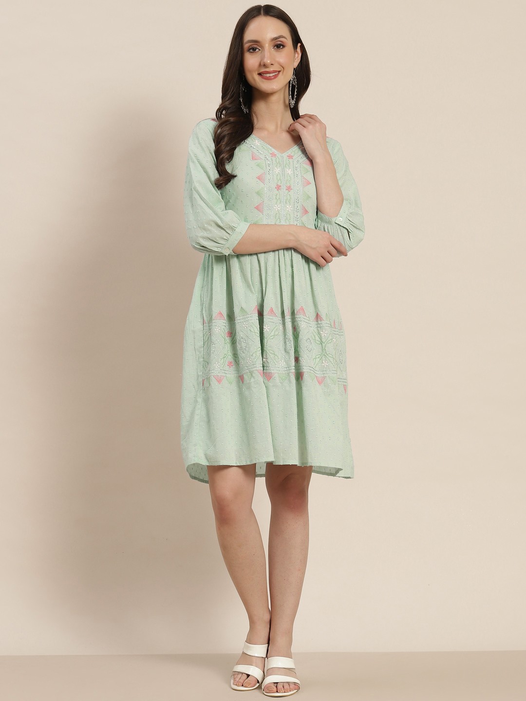

Juniper Sea Green Embroidered Cotton Dobby A-Line Dress