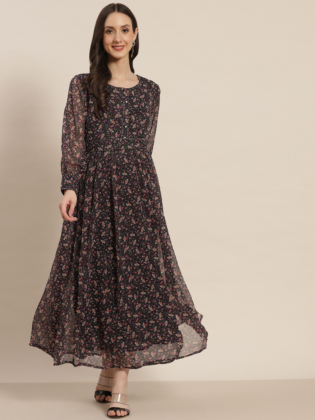 

Juniper Navy Blue & Pink Floral Printed Chiffon Maxi Maxi Dress